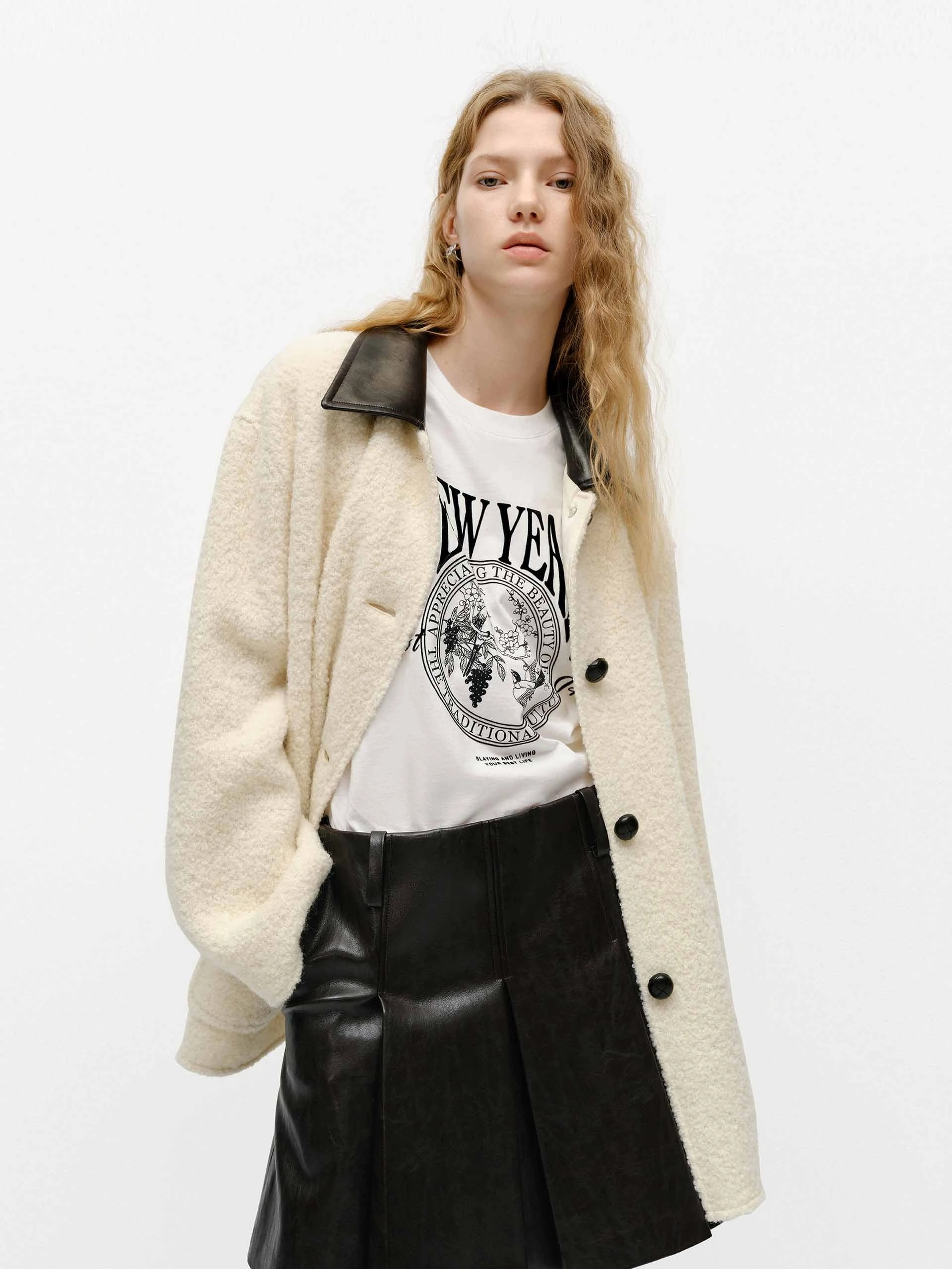 Waterproof Coating Leather Collar Midi Coat