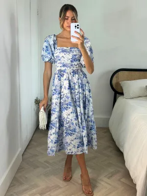Leighton Puff Sleeve Midi Dress in Blue Floral Short Sleeve Simple Ease