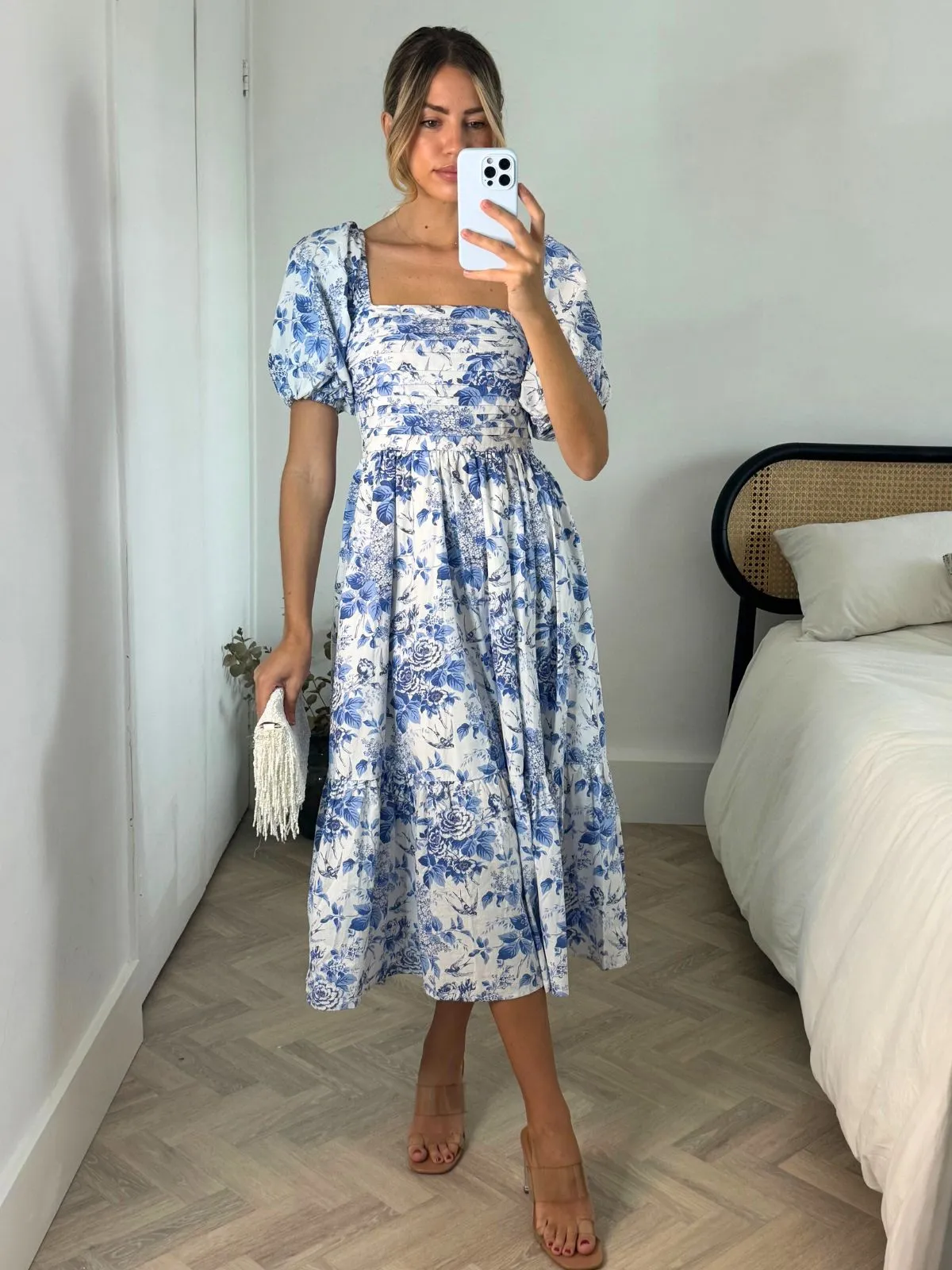 Leighton Puff Sleeve Midi Dress in Blue Floral Short Sleeve Simple Ease