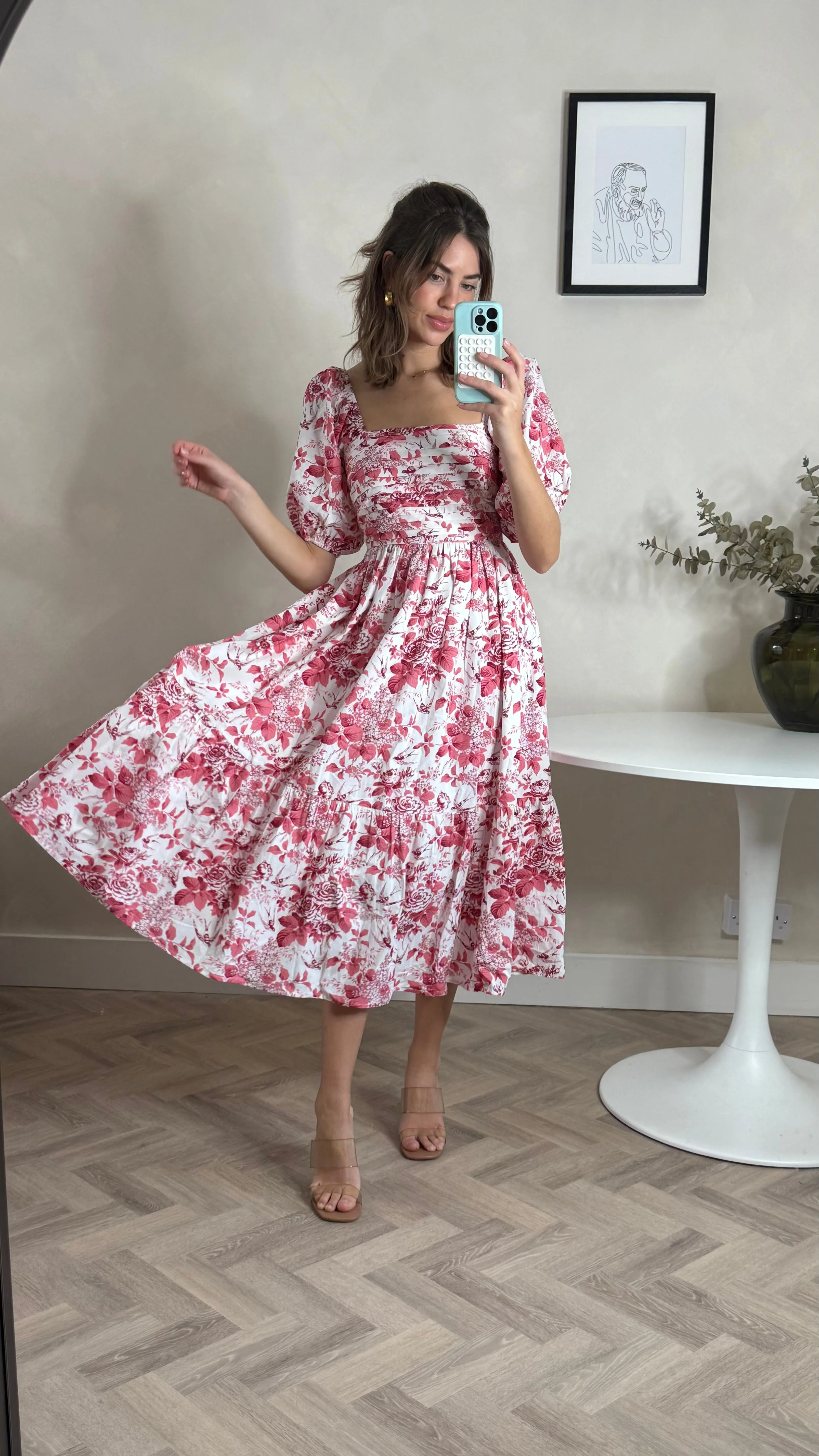 Leighton Puff Sleeve Midi Dress in Pink Floral Breathable Spring Flow