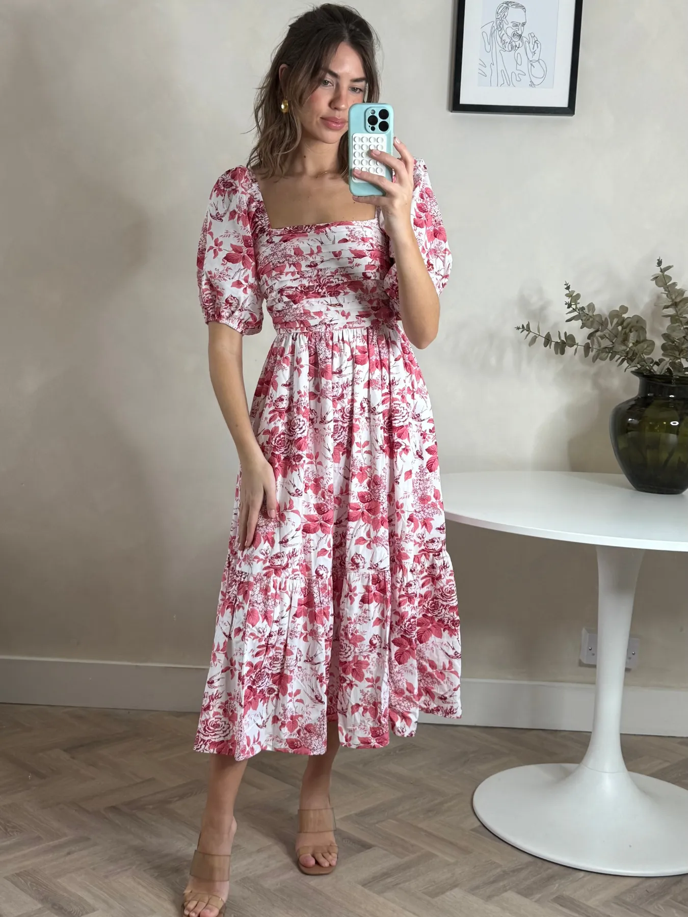 Leighton Puff Sleeve Midi Dress in Pink Floral summer breeze Retro Detail