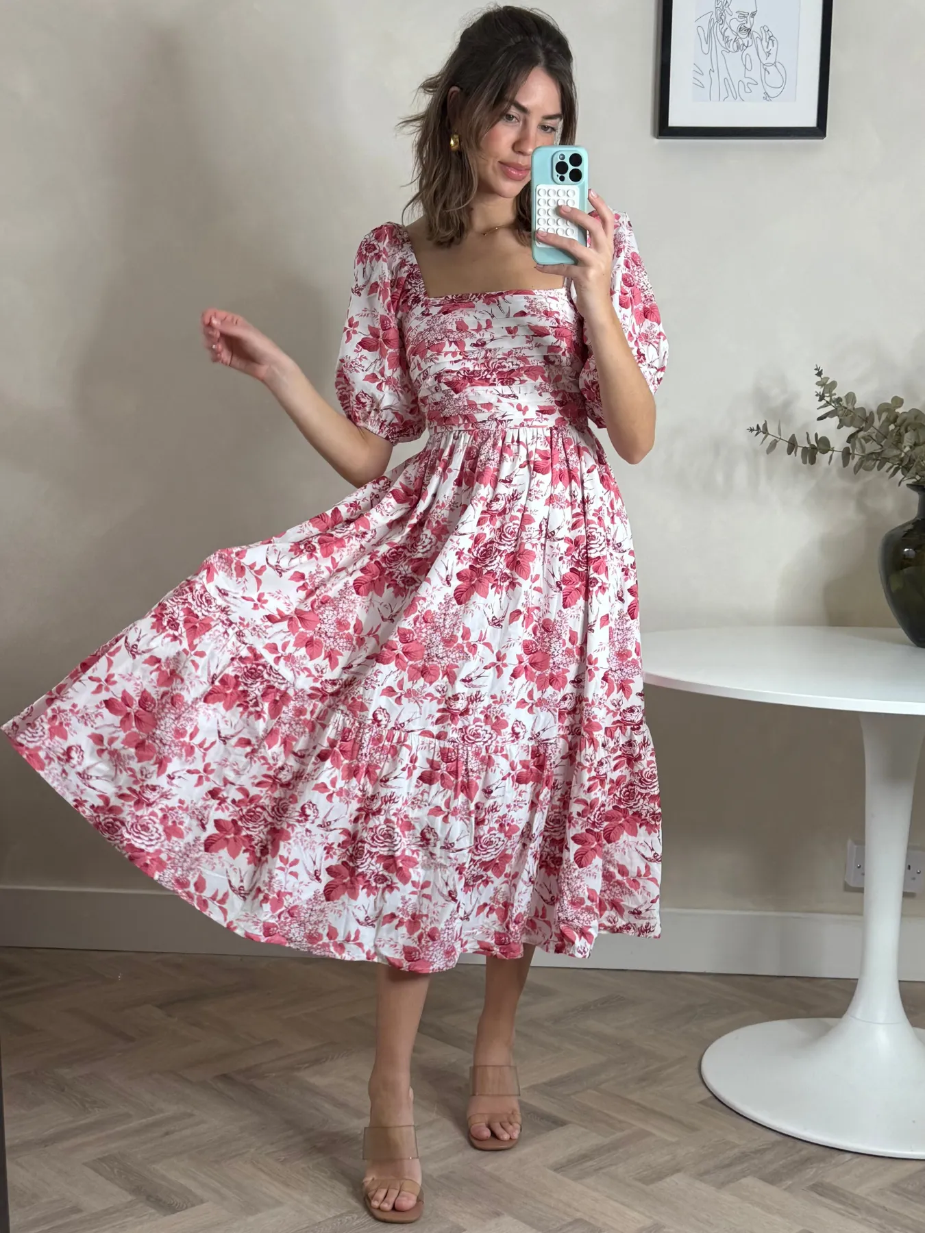 Leighton Puff Sleeve Midi Dress in Pink Floral Comfy Style