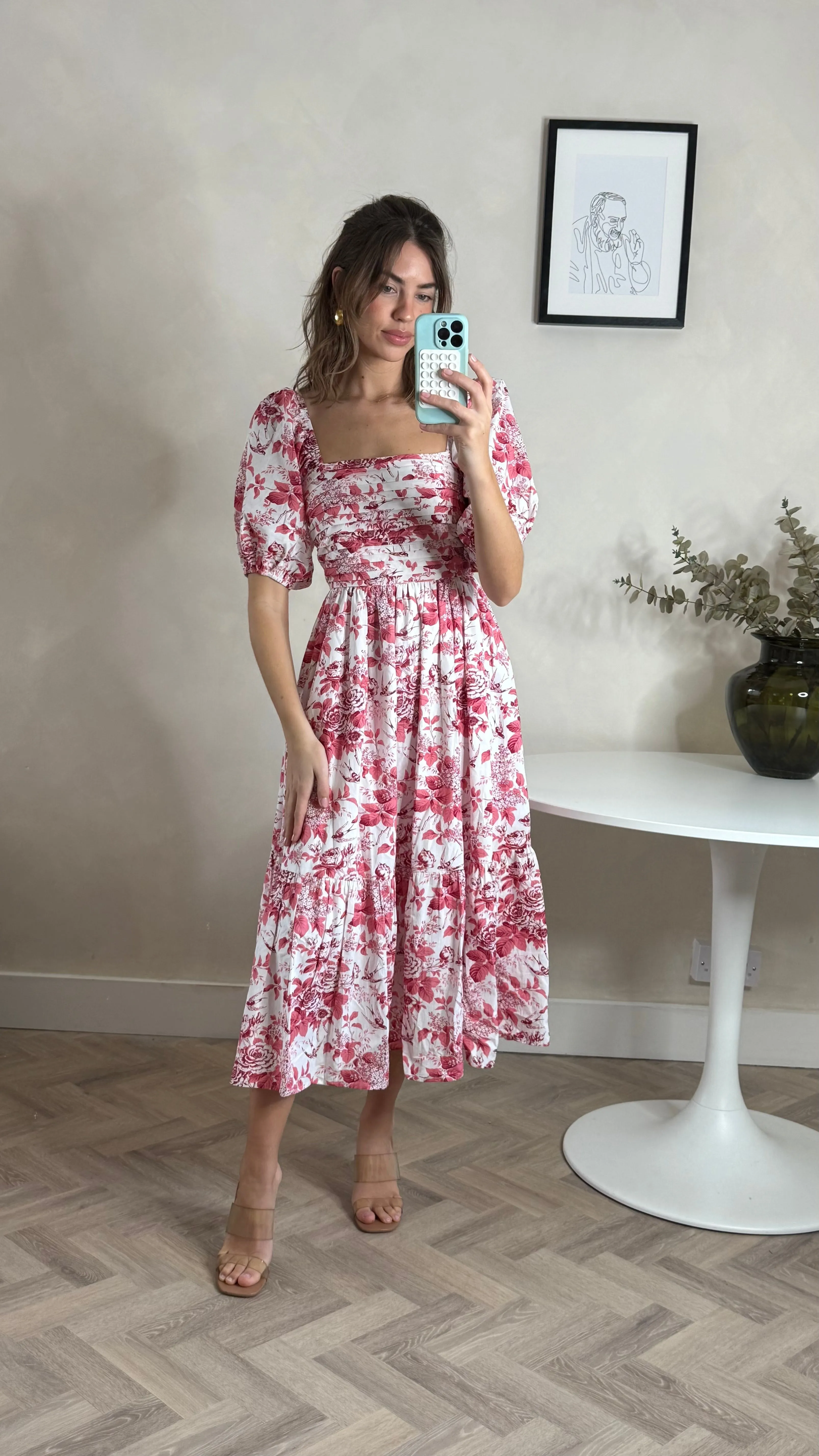 Timeless slip dress Mood Focused Leighton Puff Sleeve Midi Dress in Pink Floral