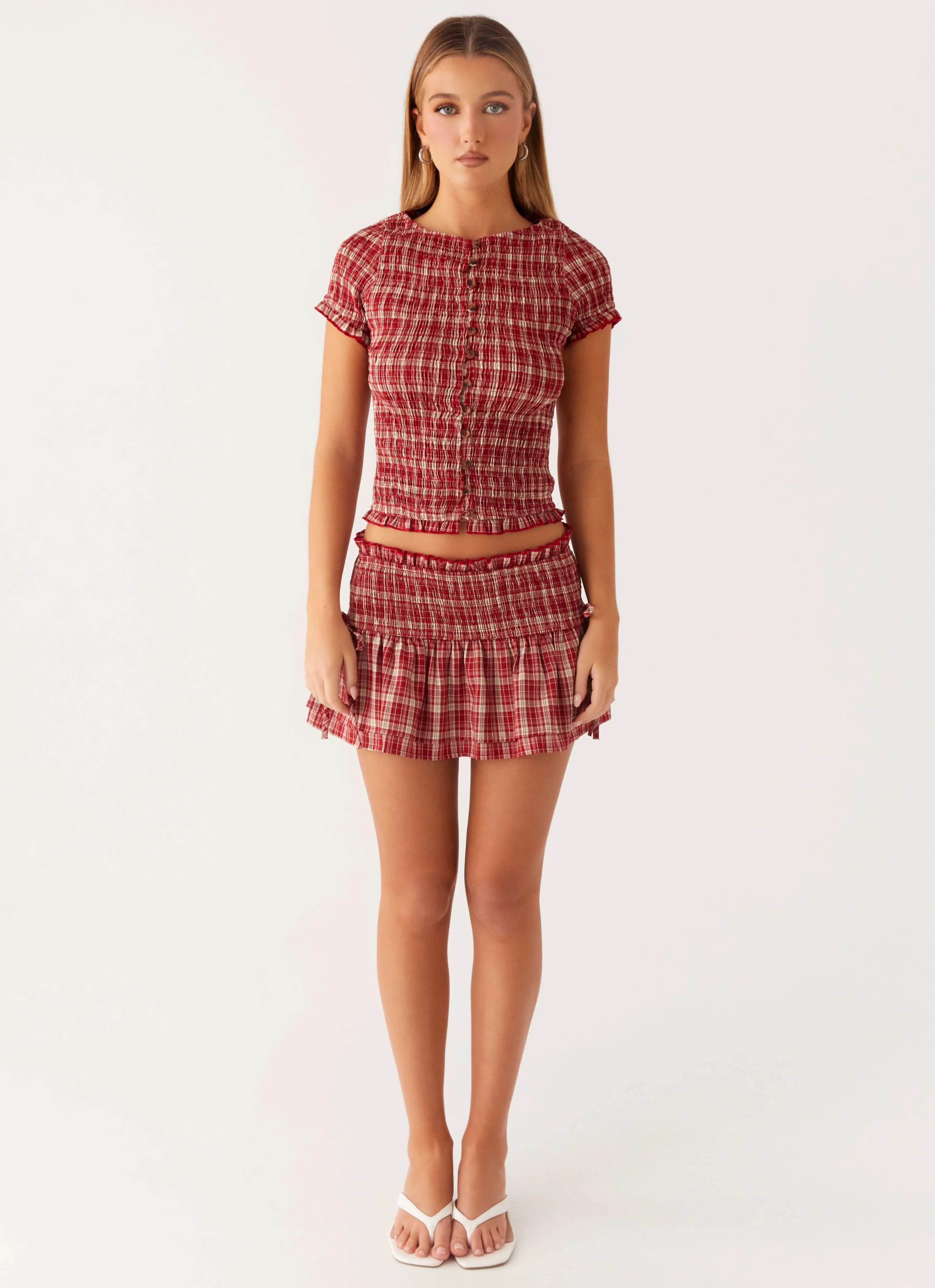 Lenore Mini Skirt - Ruby Check lace accents