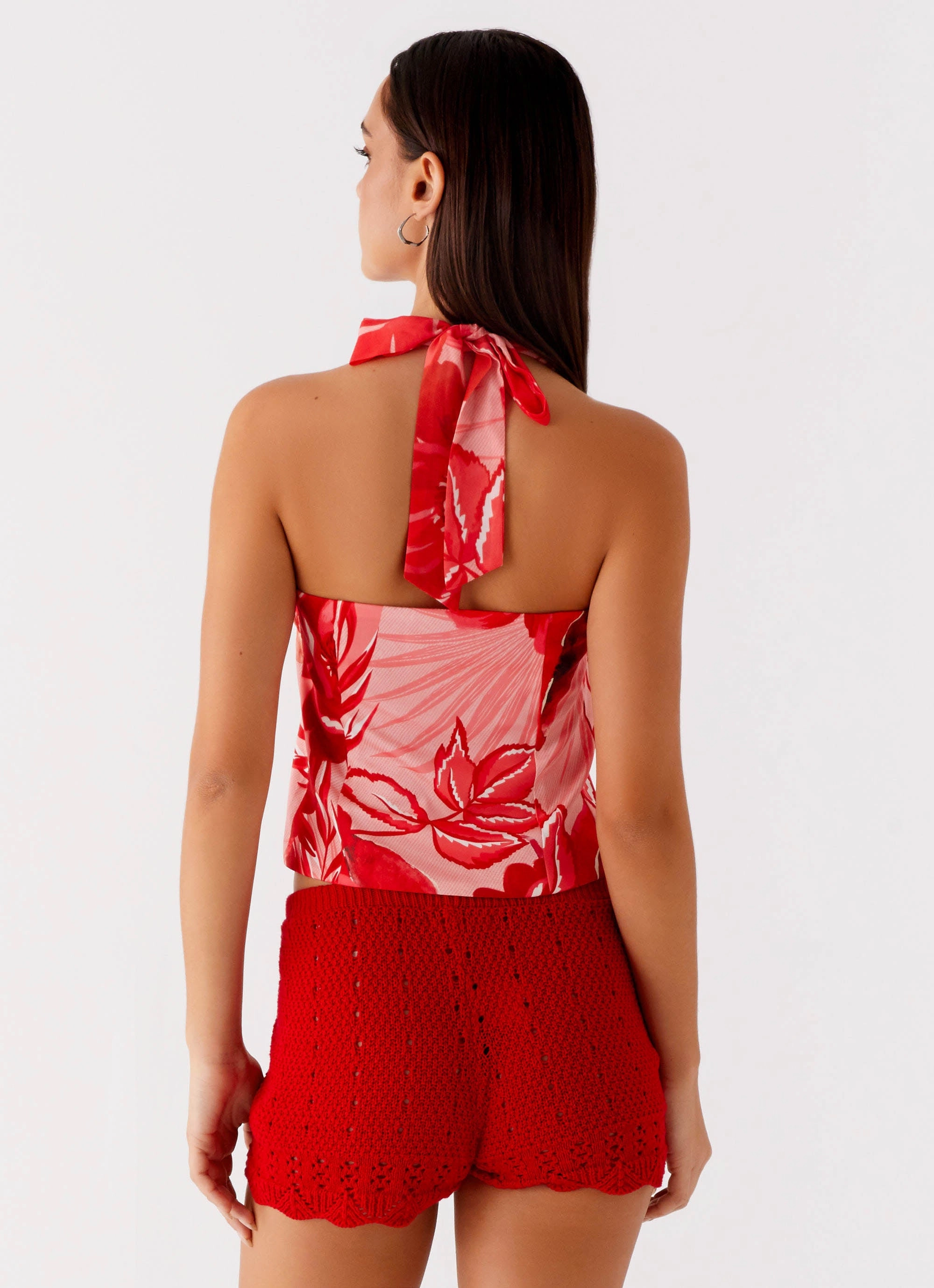 Casual Long Sleeve Ergonomic Cut Lets Pretend Halterneck Top - Sicily Sunsets Print