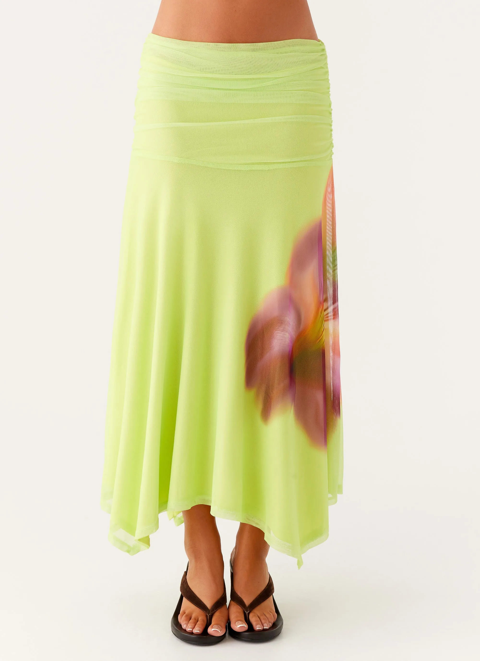 Liana Ruched Maxi Skirt - Green Tropical Synthetic Blend