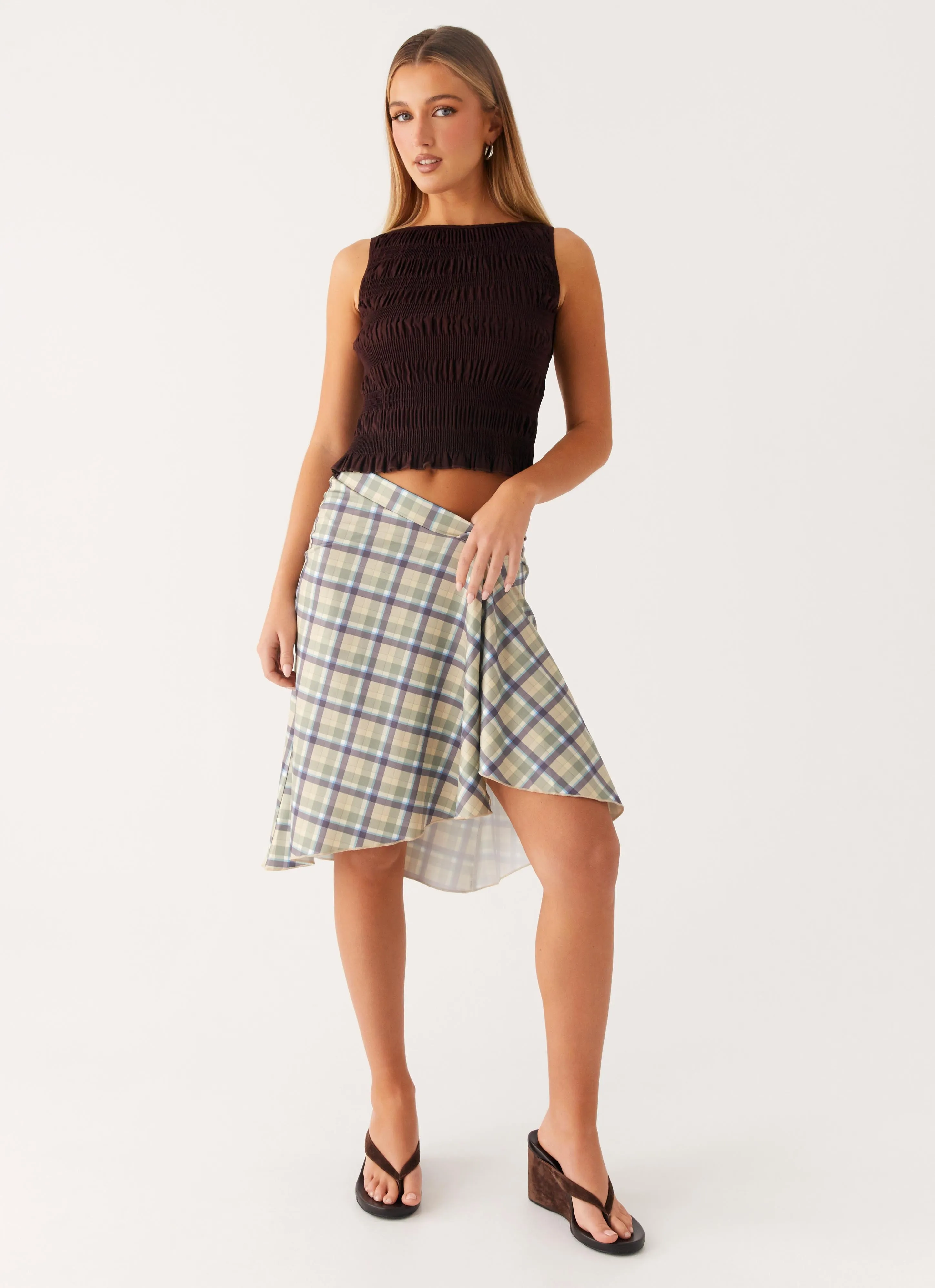 Shes A Lady Midi Skirt - Cedar Check Resort Vacation
