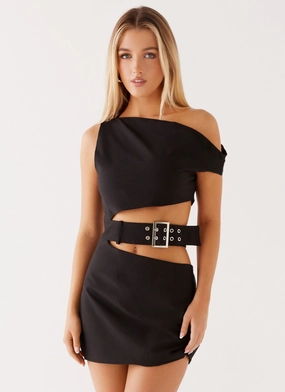 Ruffle Hem Elvira Belt Mini Dress - Black