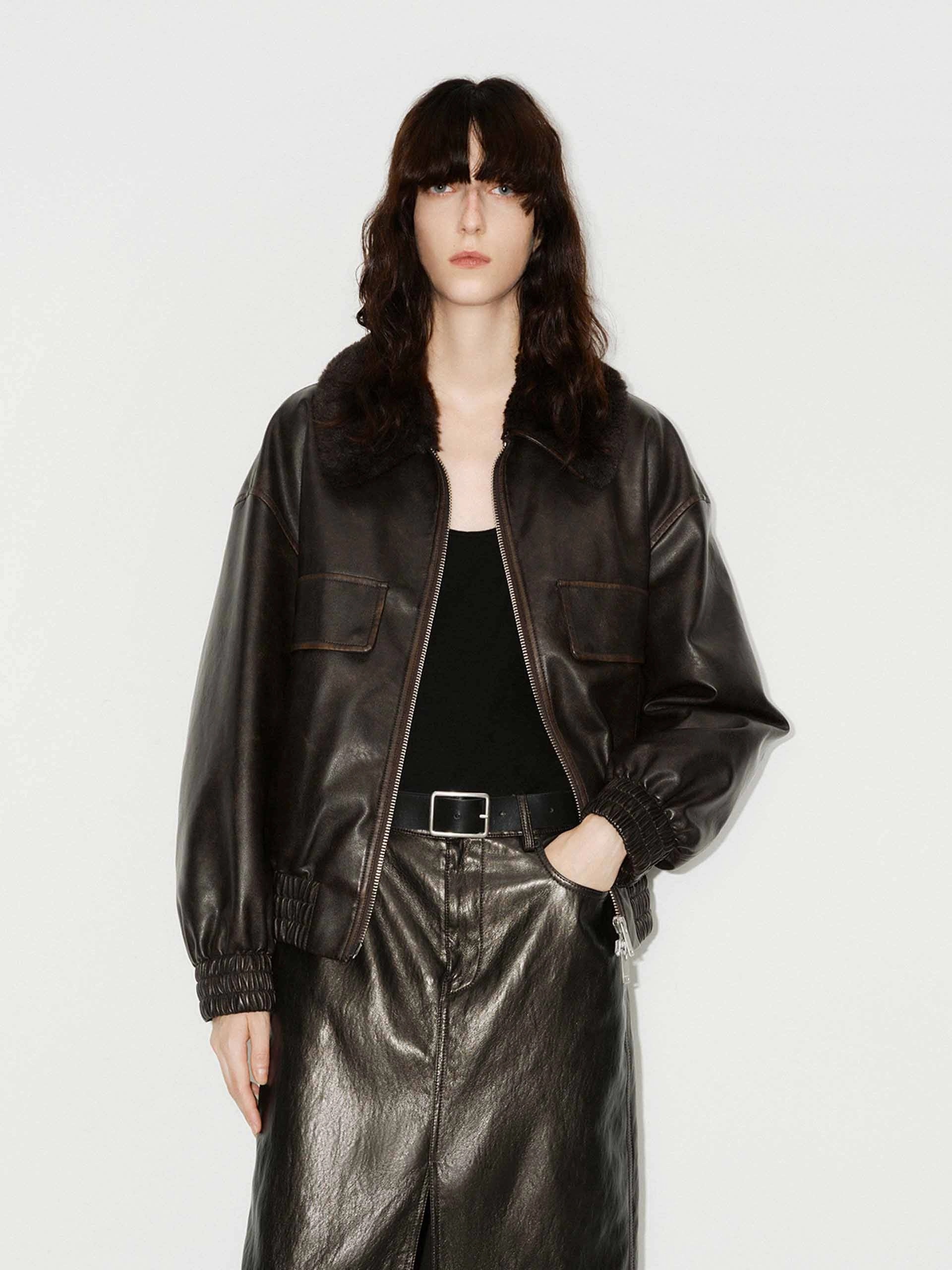 Reflective Bands All Season Performance Weave Fur Collar Leather Jacket