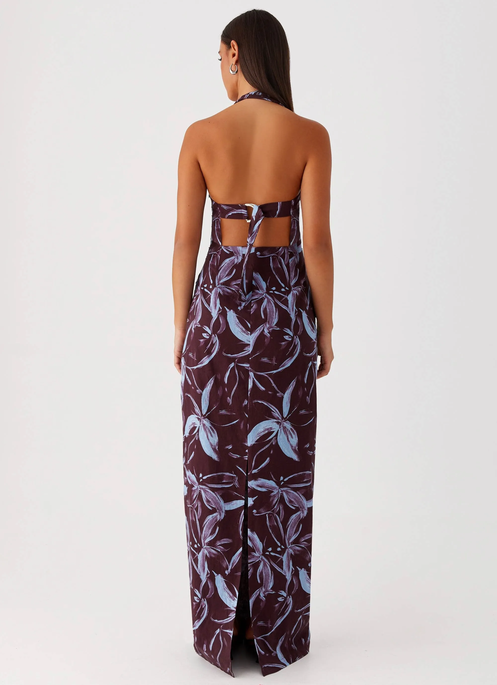 Mature Elegance Fauna Halter Maxi Dress - Brown Purple Floral