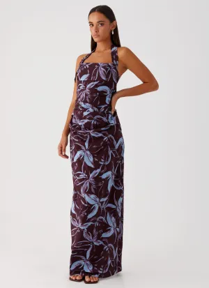 Double Stitched Seams Anniversary Special Fauna Halter Maxi Dress - Brown Purple Floral