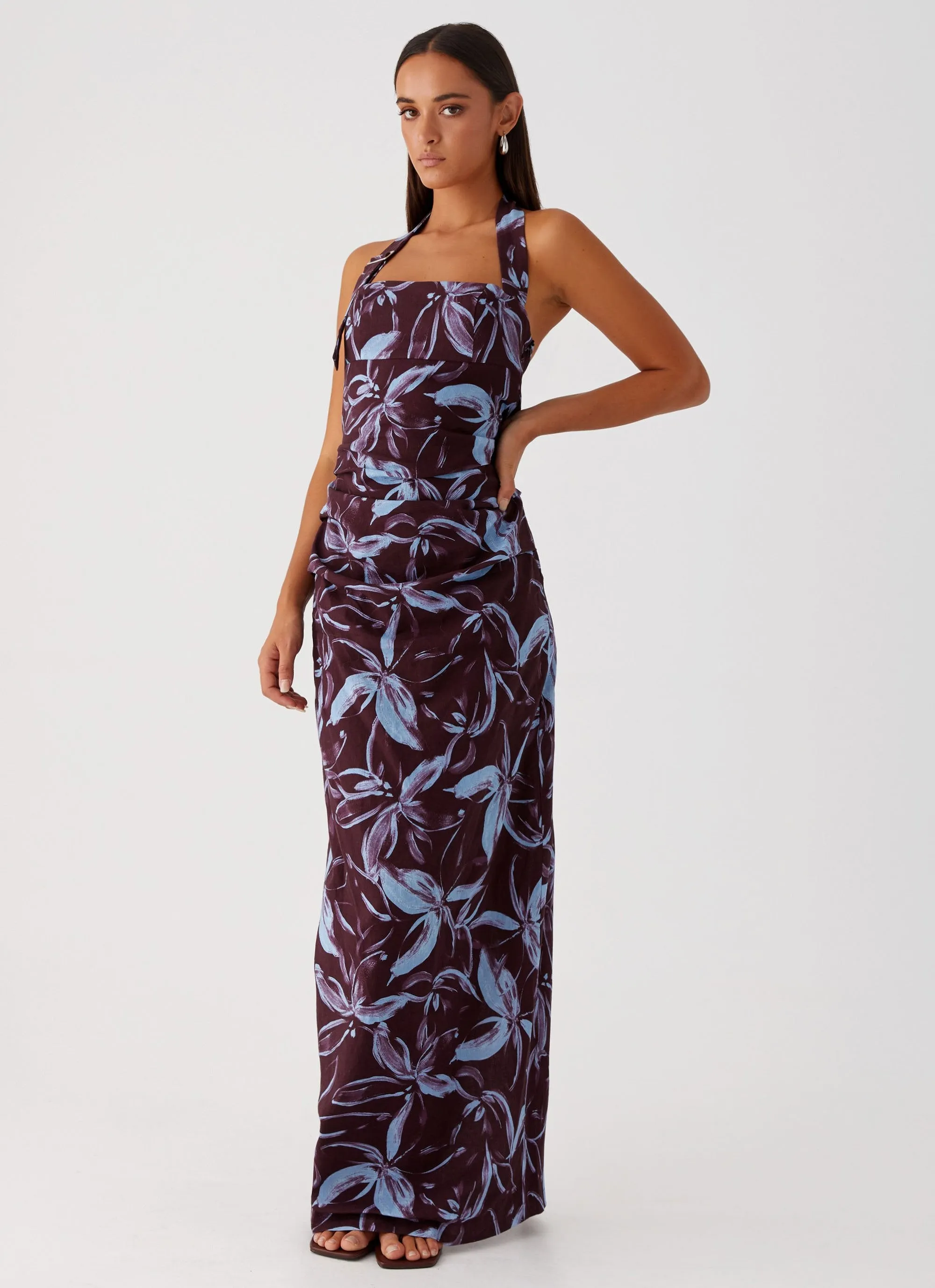 Double Stitched Seams Anniversary Special Fauna Halter Maxi Dress - Brown Purple Floral