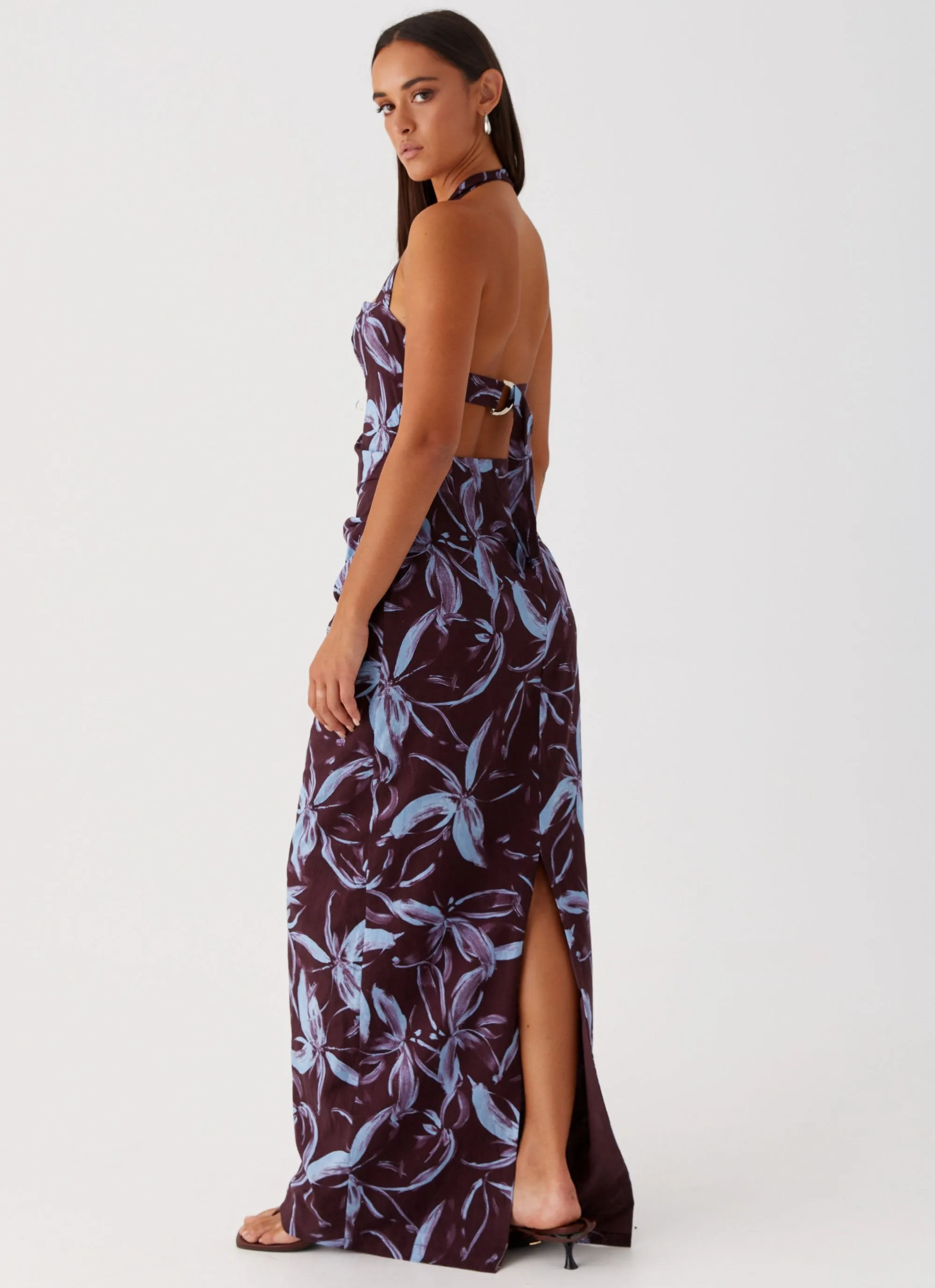 Fauna Halter Maxi Dress - Brown Purple Floral Beach Wear Hooded Neckline