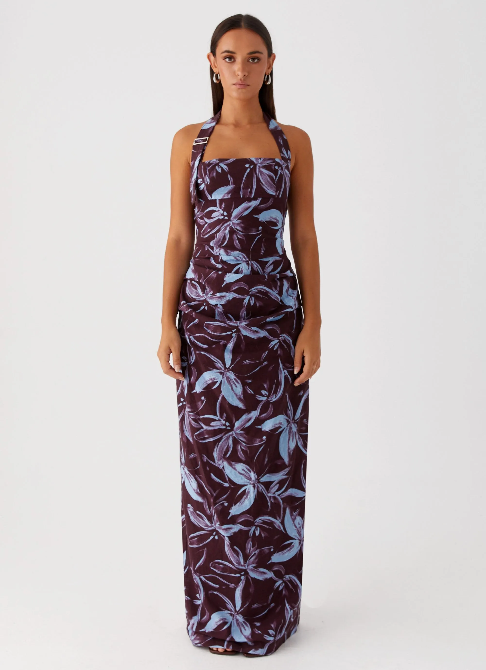 Non Restrictive Fit Fauna Halter Maxi Dress - Brown Purple Floral