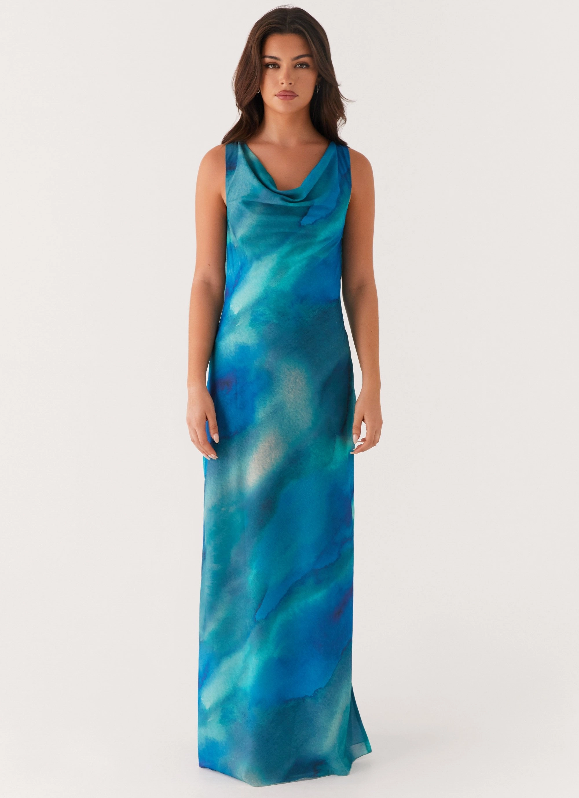 Carelle Maxi Dress - Blue Tie Dye Waist-Cinching Feminine Details