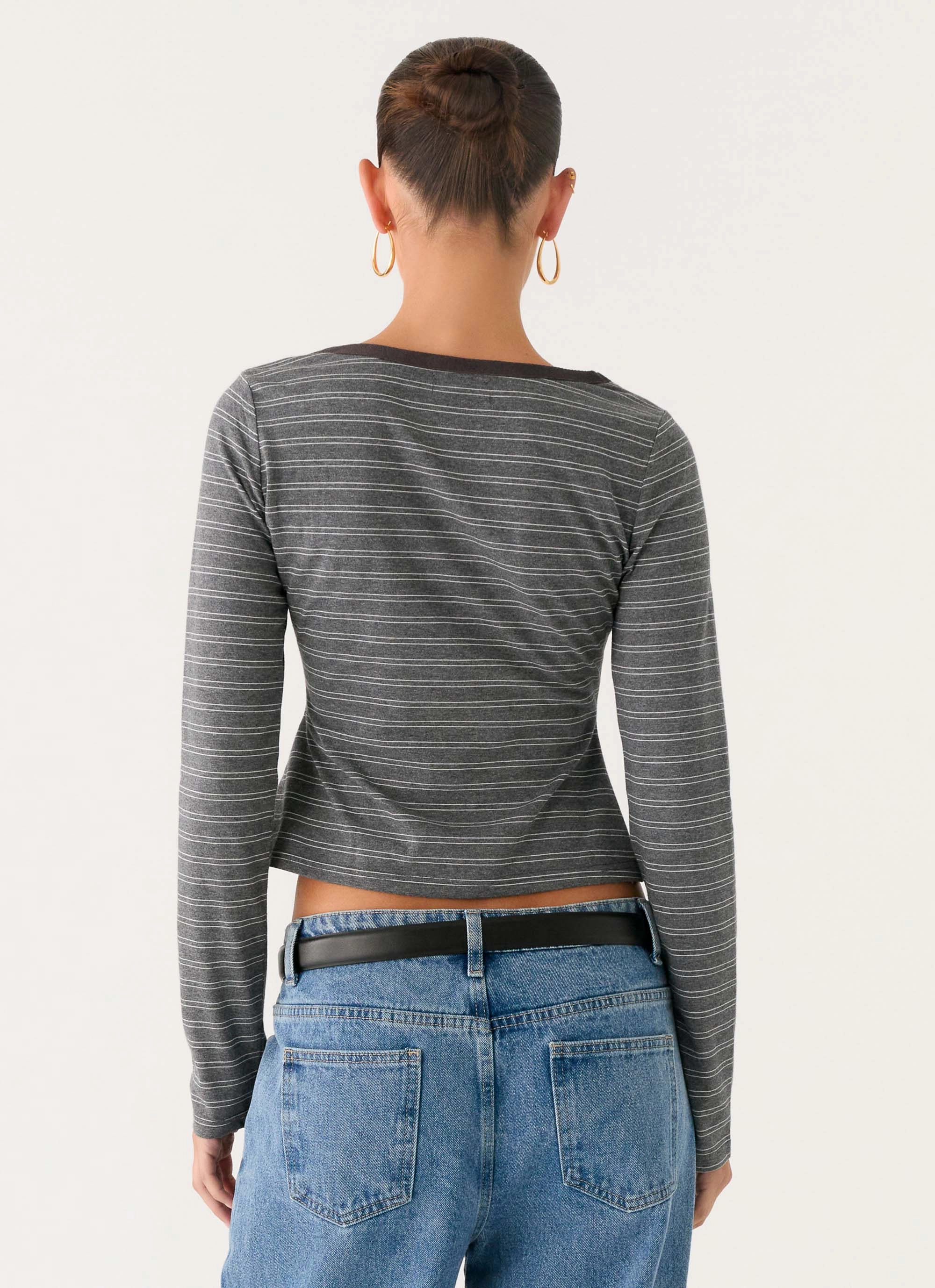 Kaytra Long Sleeve Top - Grey Marle Stripe AdjustableHem