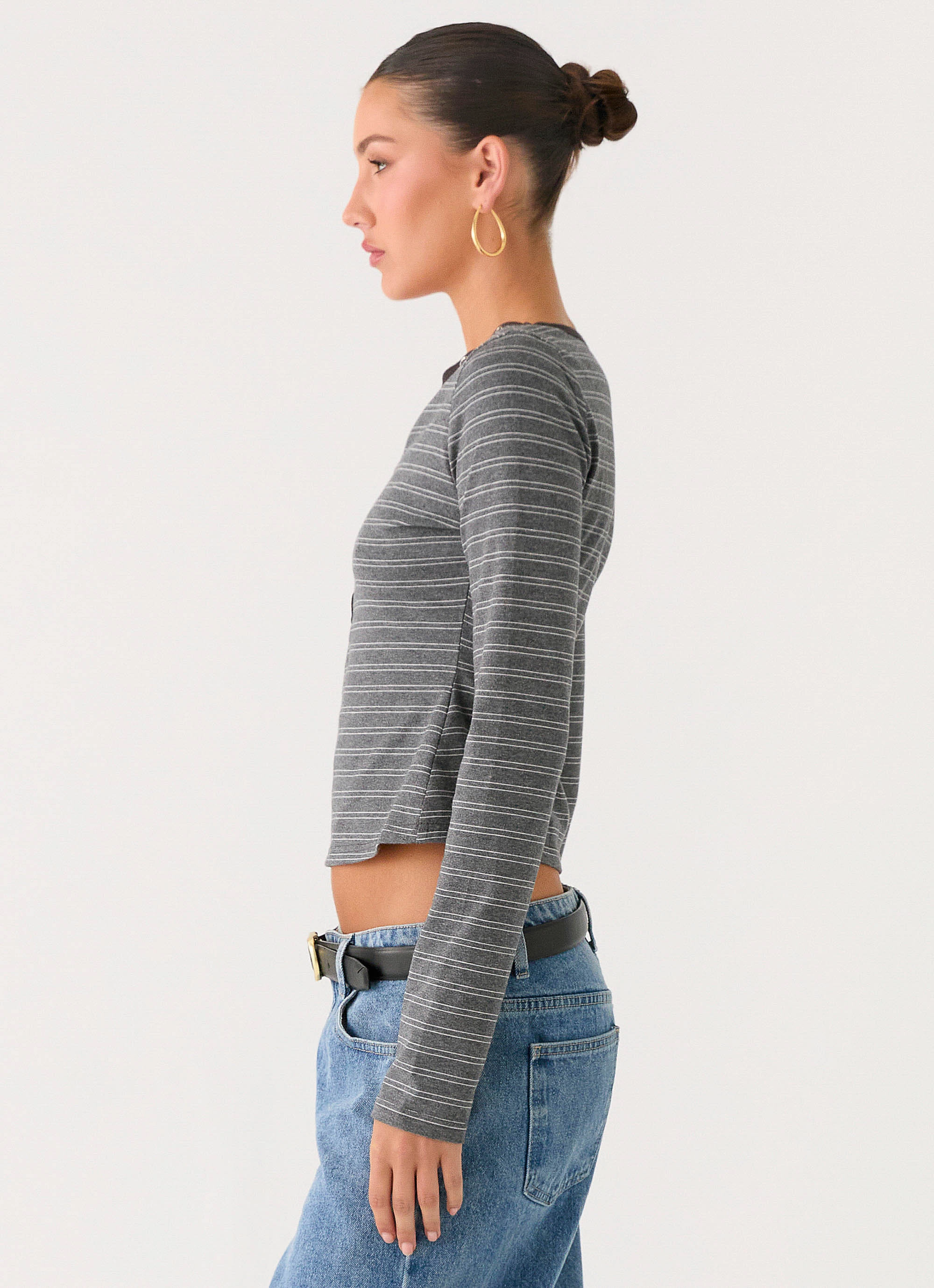 Torsion Support Structure Kaytra Long Sleeve Top - Grey Marle Stripe
