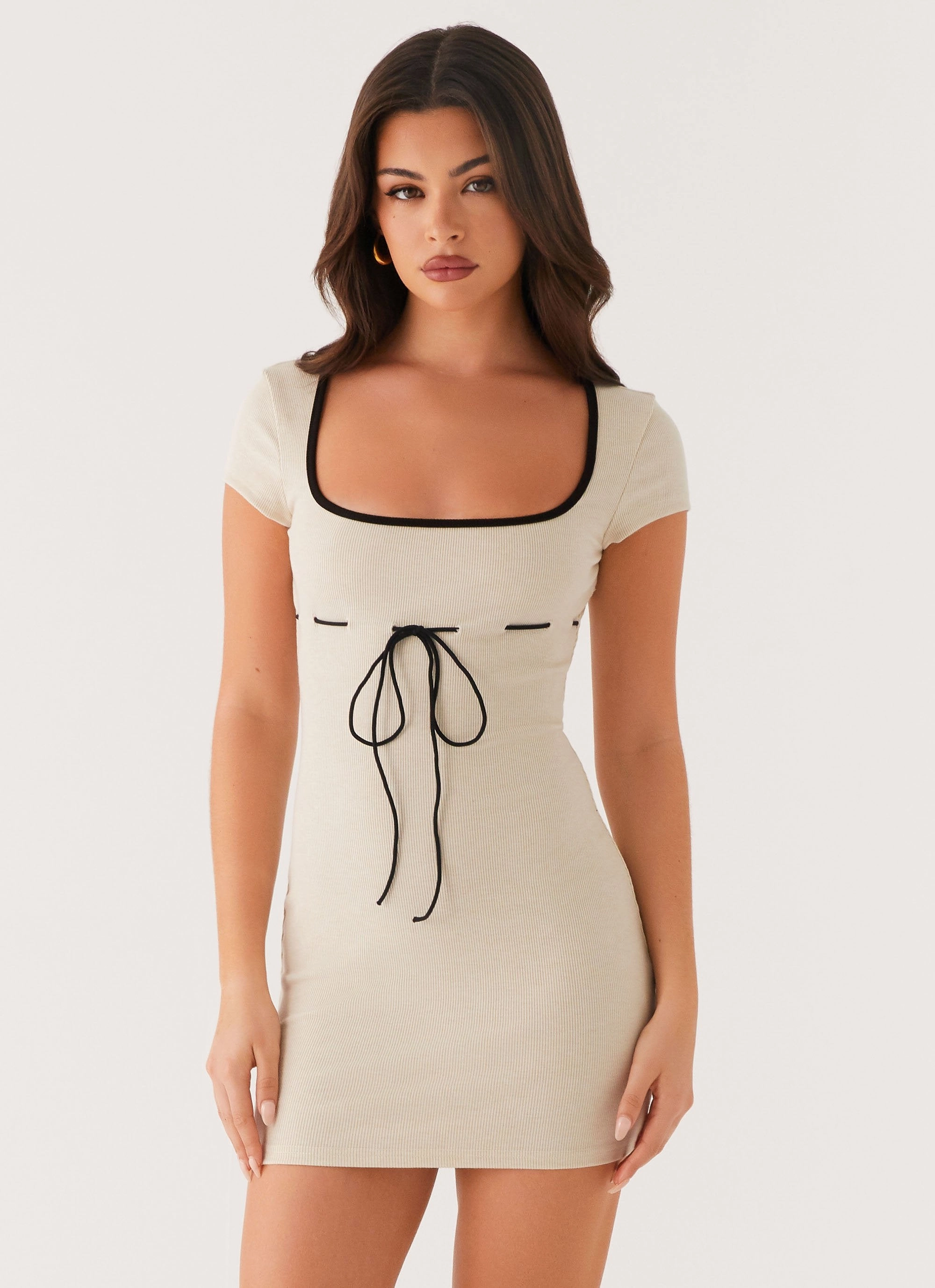 Keoni Ribbed Mini Dress - Oatmeal Striped-Pattern Movement Feel