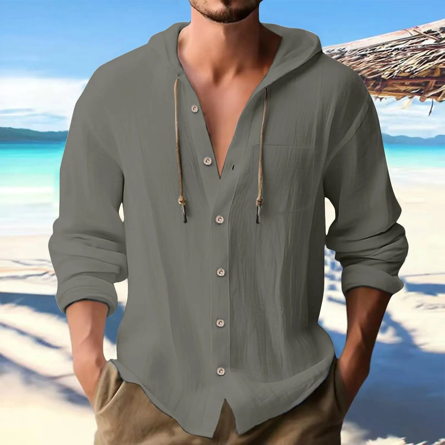 Linen Shirts for Men Lightweight Drawstring Button Shirts Casual Long Sleeve Breathable Summer Beach Tops with Hood
