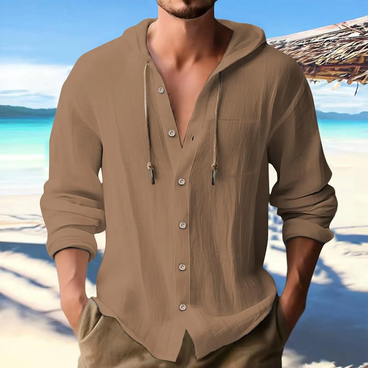 Linen Shirts for Men Lightweight Drawstring Button Shirts Casual Long Sleeve Breathable Summer Beach Tops with Hood