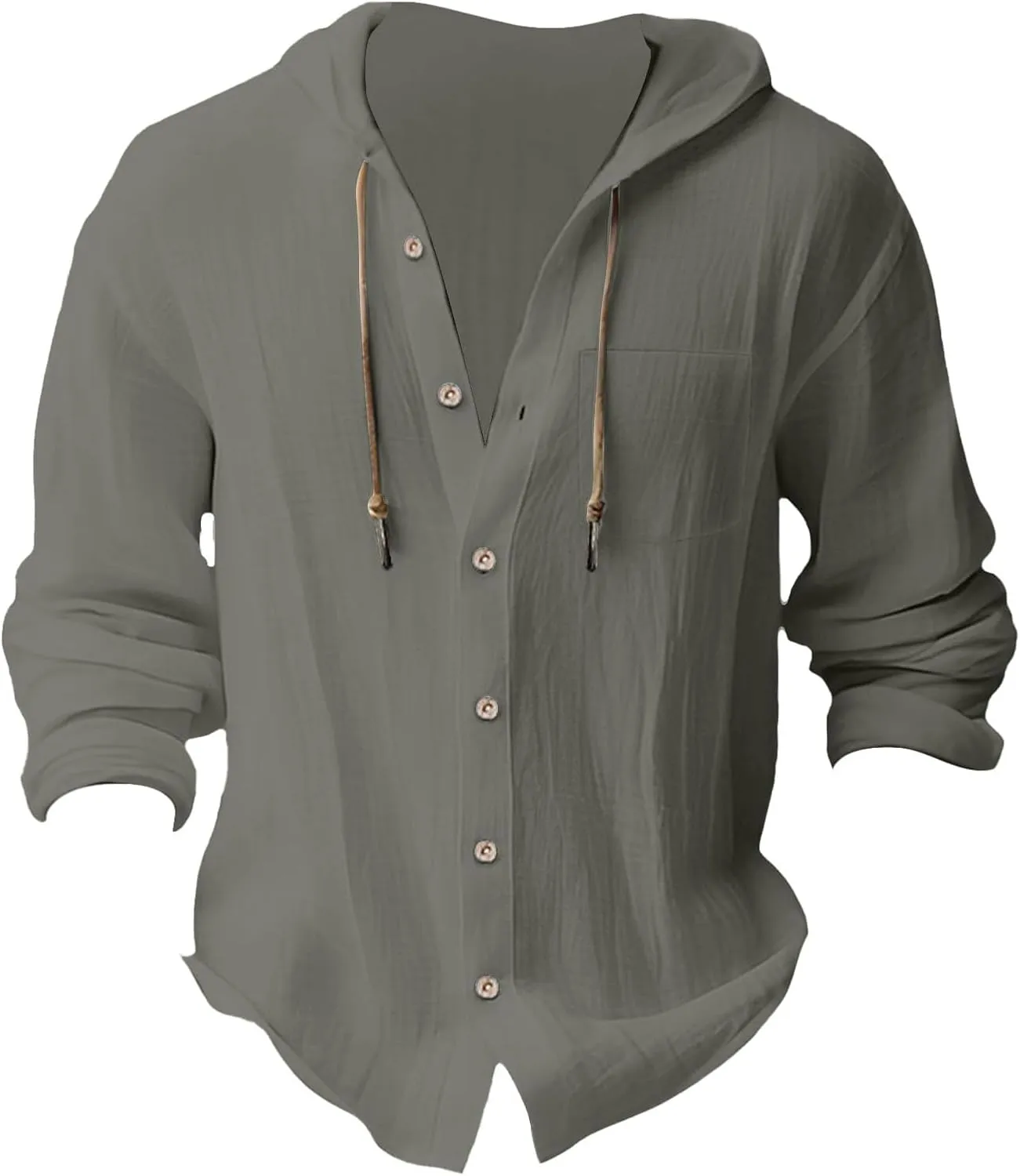 Linen Shirts for Men Lightweight Drawstring Button Shirts Casual Long Sleeve Breathable Summer Beach Tops with Hood