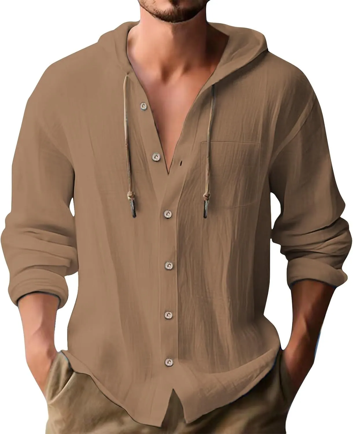 Linen Shirts for Men Lightweight Drawstring Button Shirts Casual Long Sleeve Breathable Summer Beach Tops with Hood