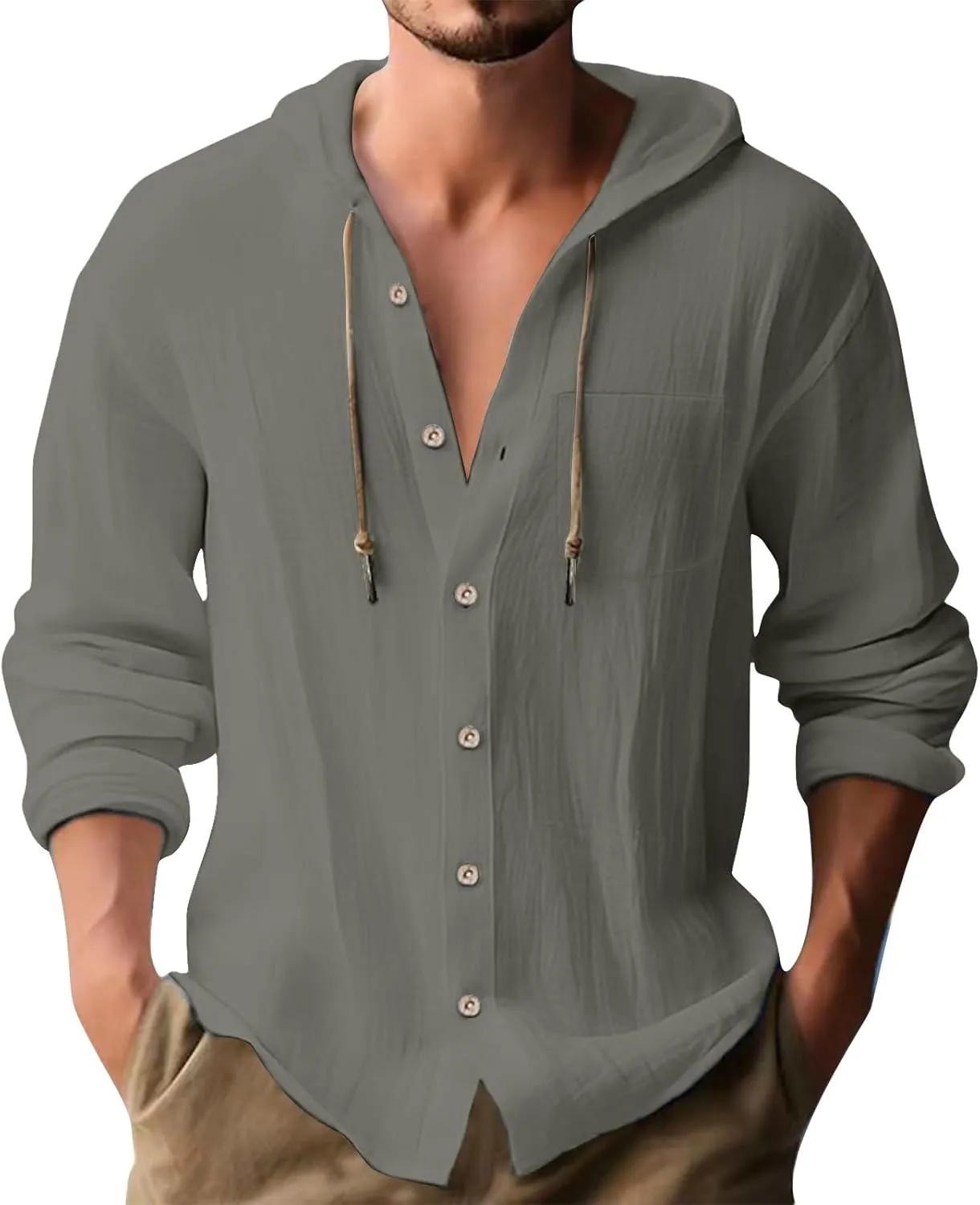 Linen Shirts for Men Lightweight Drawstring Button Shirts Casual Long Sleeve Breathable Summer Beach Tops with Hood