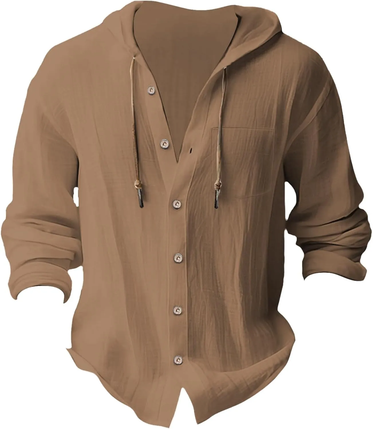 Linen Shirts for Men Lightweight Drawstring Button Shirts Casual Long Sleeve Breathable Summer Beach Tops with Hood