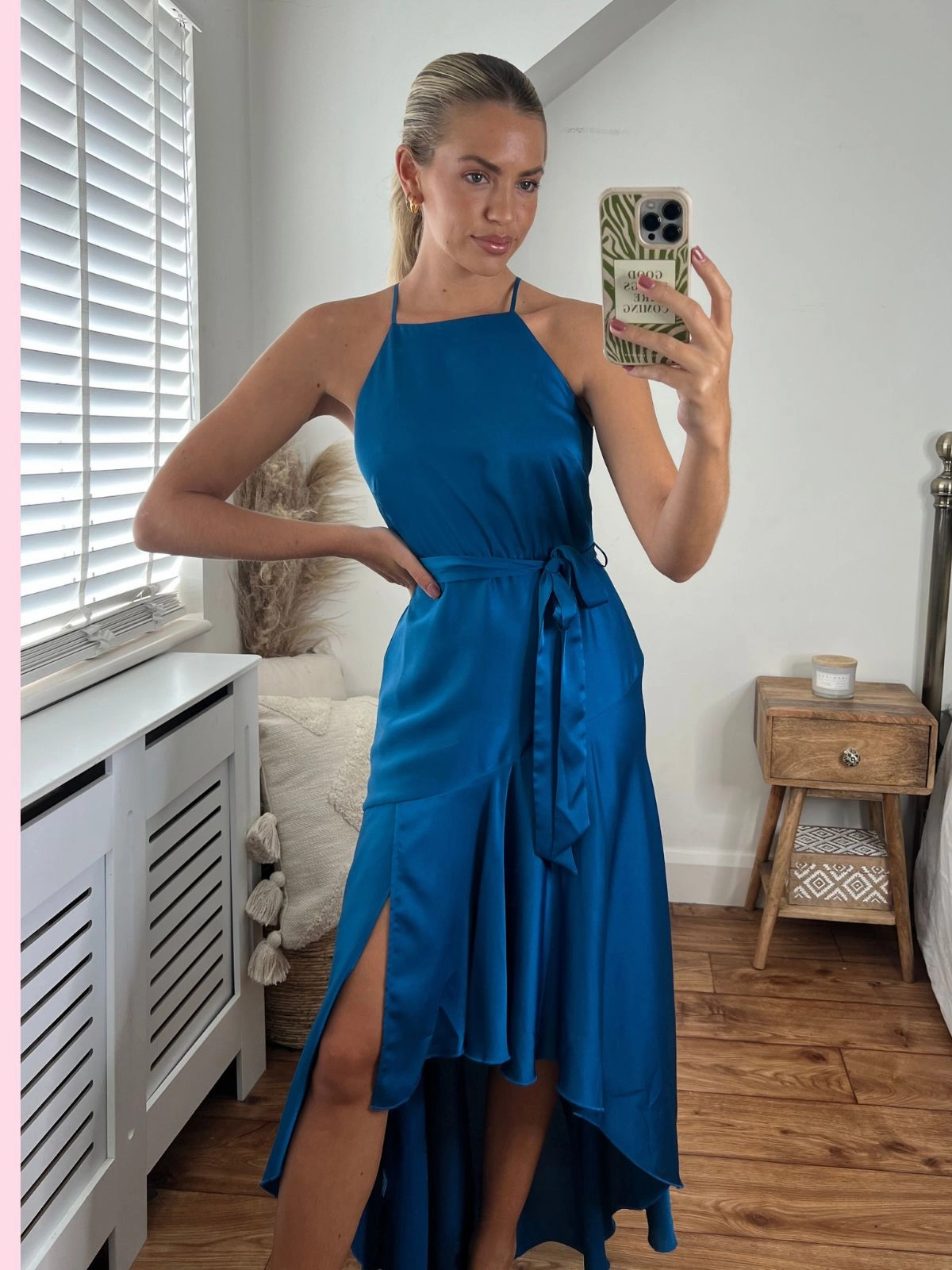 Fleur High Low Satin Dress / Peacock Blue Textured Flow Flattering and Chic