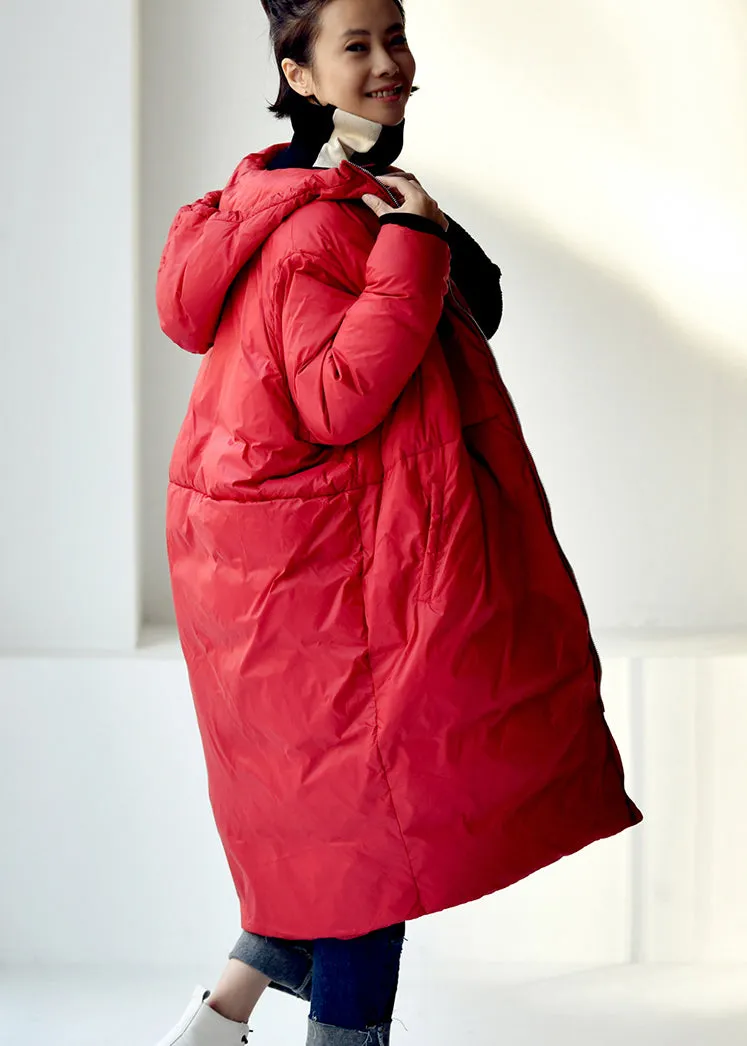 Loose Red Zippered Long Hooded Duck Down Filled Down Coat Winter