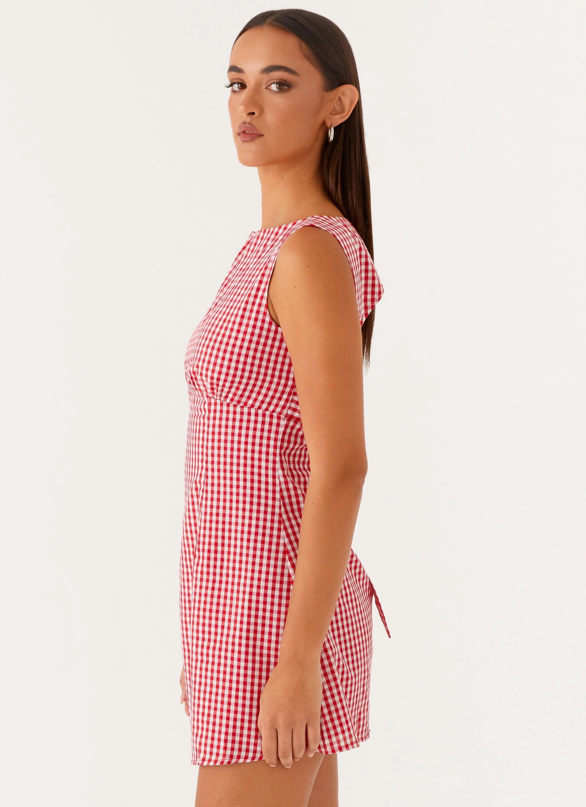 Lotus Tie Back Mini Dress - Red Gingham Soft Fabric
