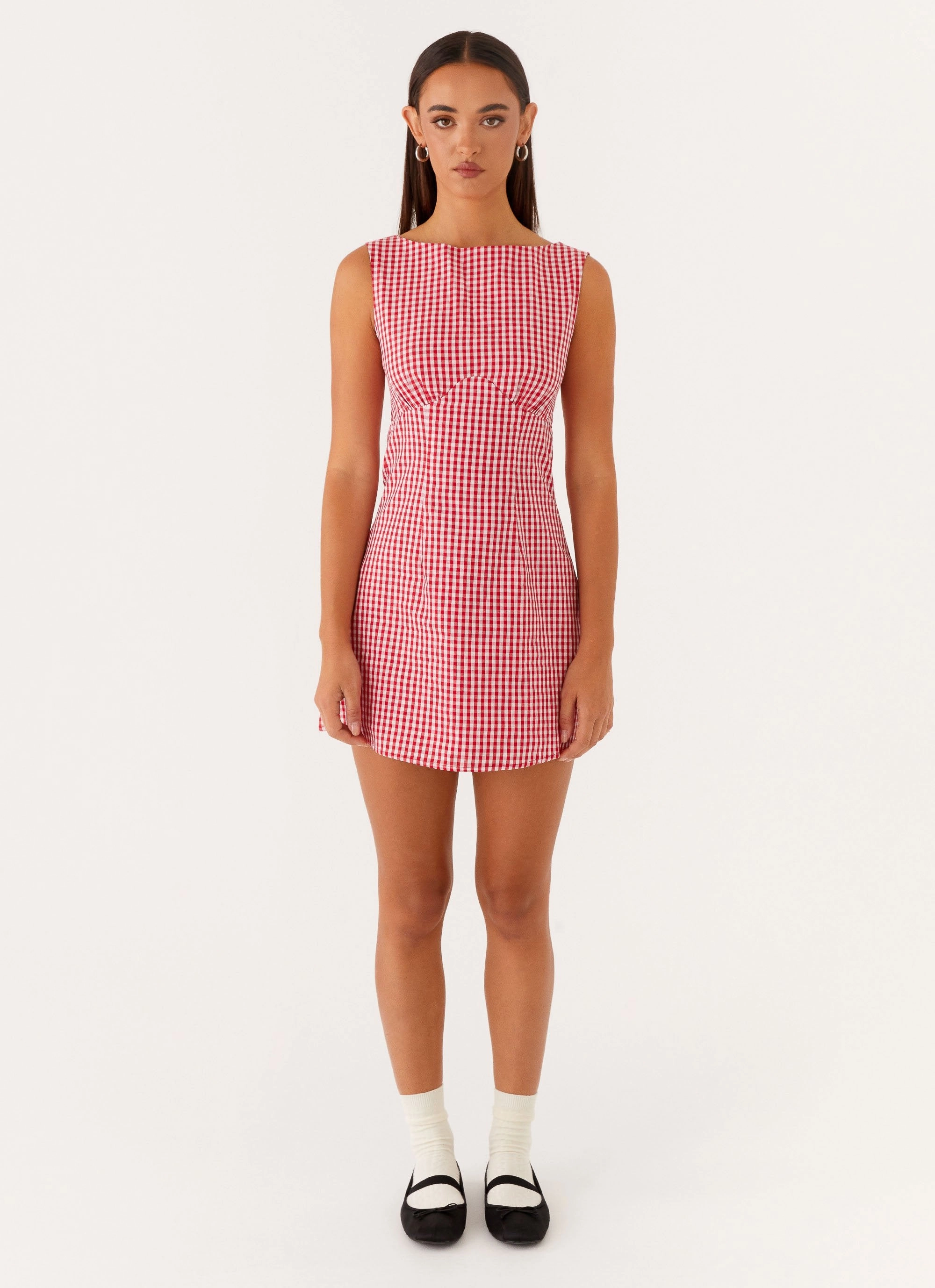 Cute Glow Bold Fashion Lotus Tie Back Mini Dress - Red Gingham