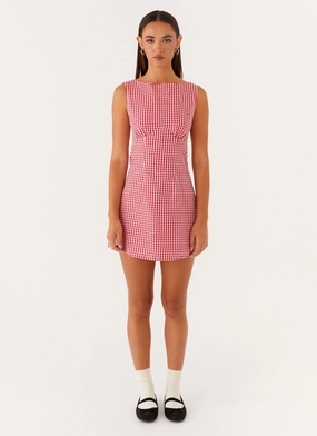 Cute Glow Bold Fashion Lotus Tie Back Mini Dress - Red Gingham
