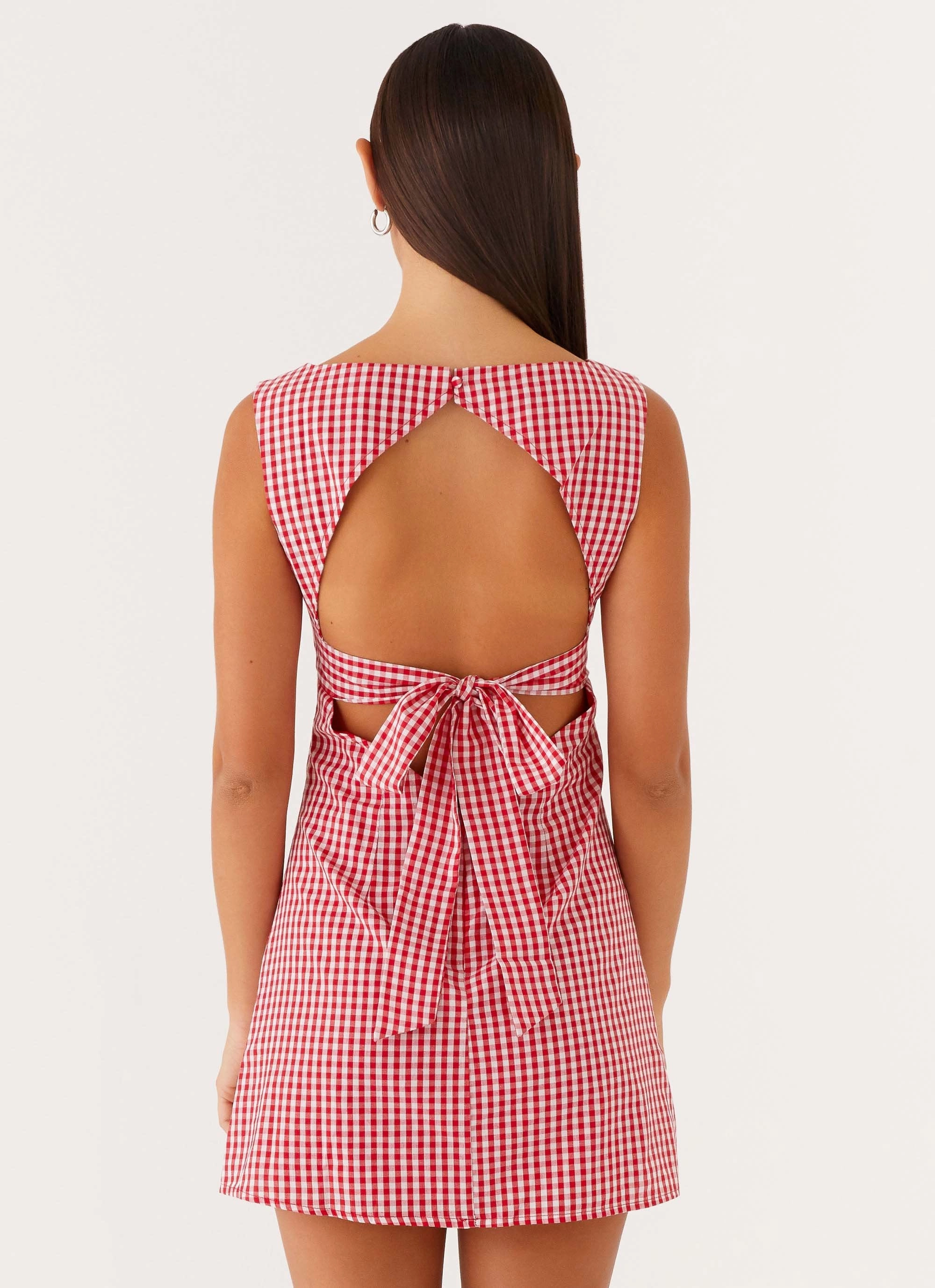 Lotus Tie Back Mini Dress - Red Gingham Street Flex New York