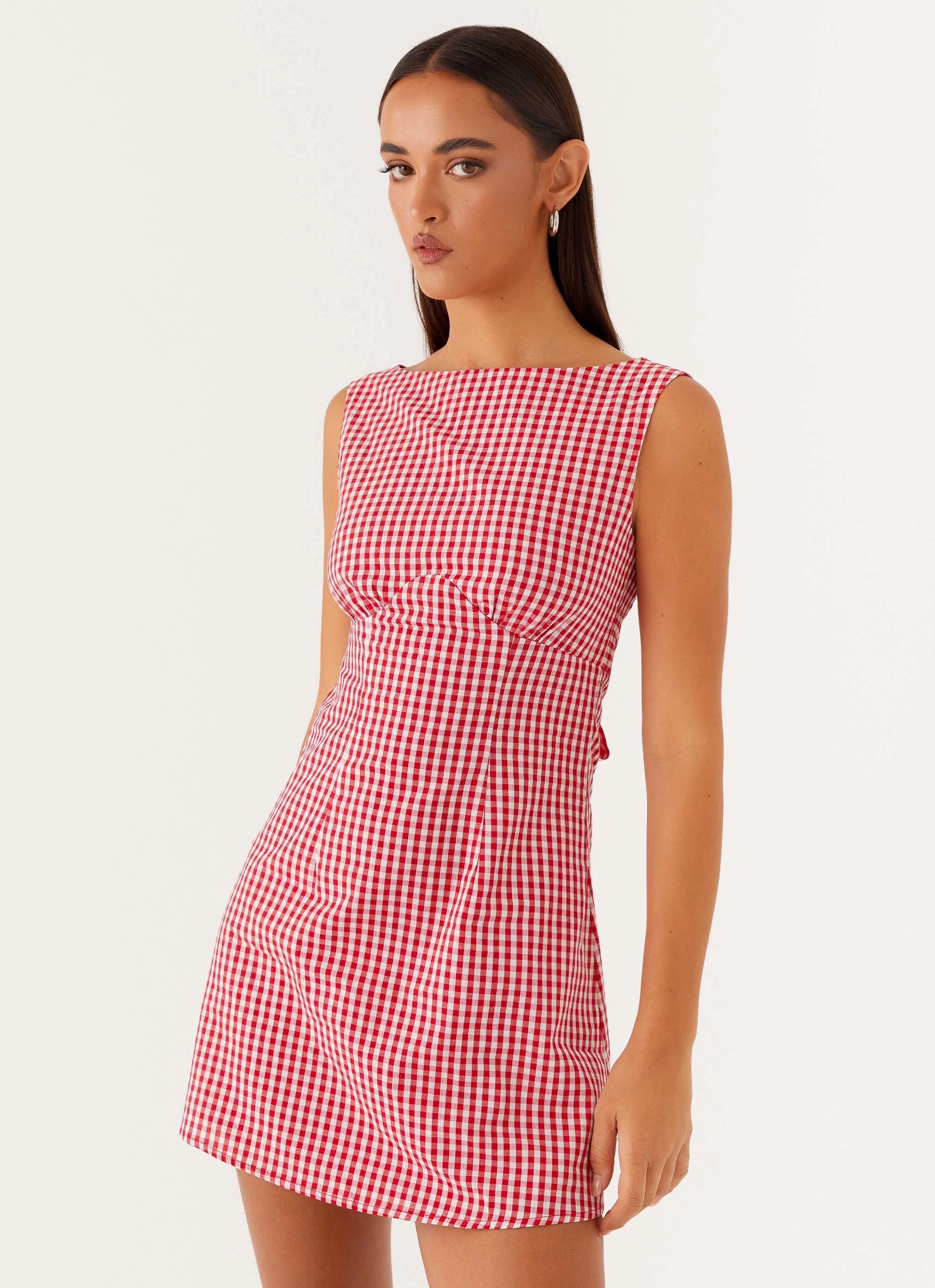 Lotus Tie Back Mini Dress - Red Gingham Collar Accent