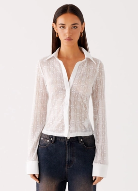 Loui Lace Long Sleeve Top - White BioBased Fiber