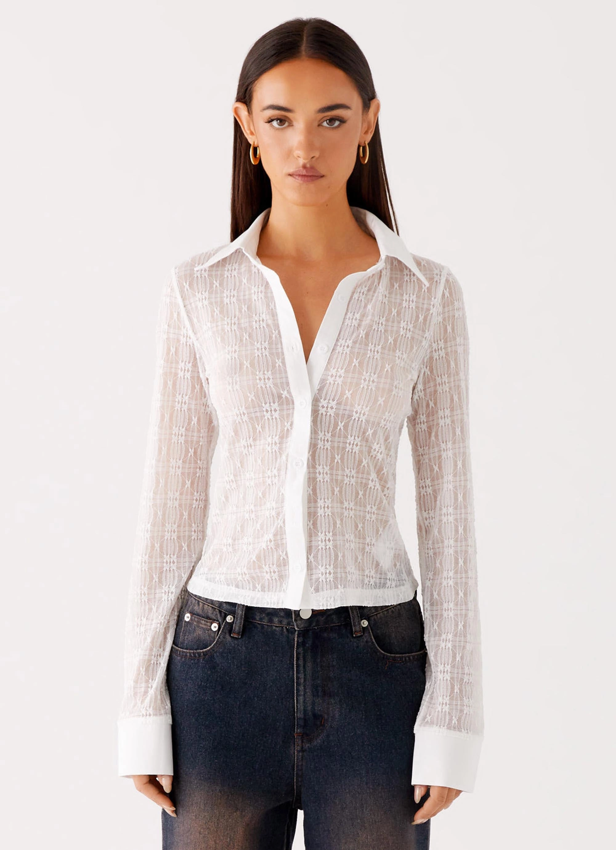 Loui Lace Long Sleeve Top - White BioBased Fiber
