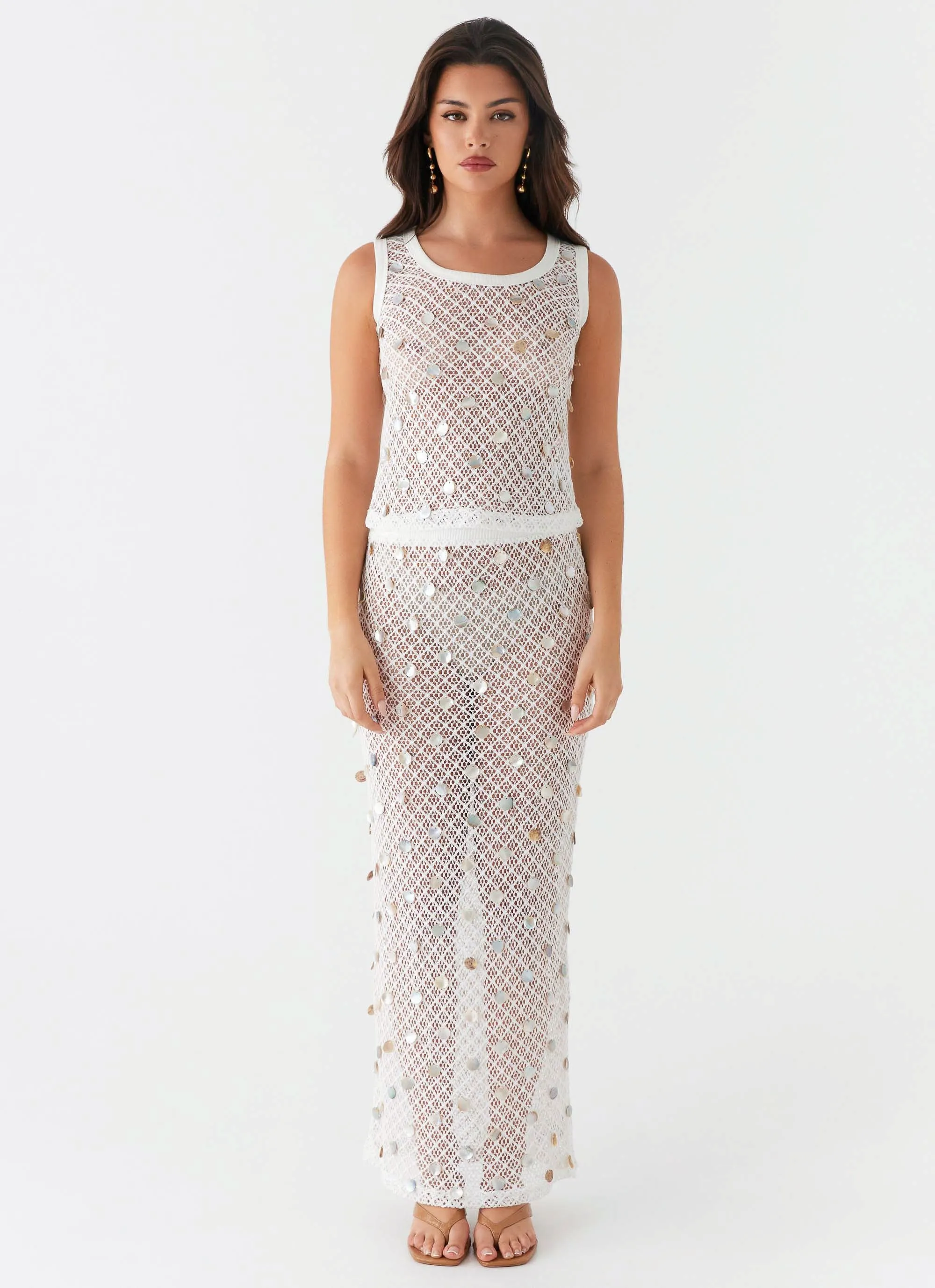 Lovina Shell Knit Maxi Skirt - White Seamless Design Modest Wear