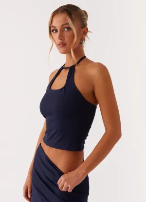 Paris Nights Halter Top - Navy Erasable Surface Coating BondedShoulder