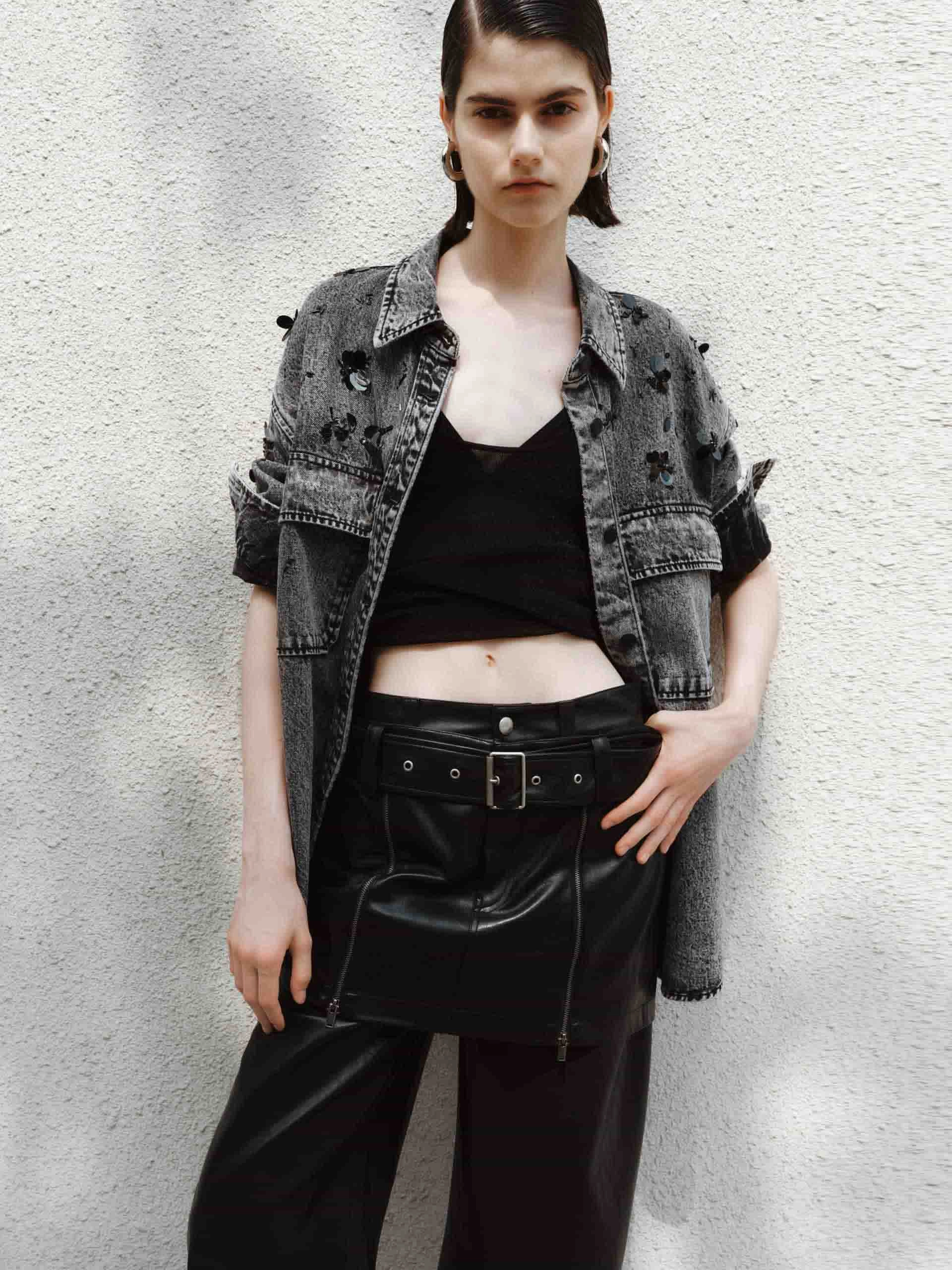 Sequin Detail Loose Jacket Layered Collar