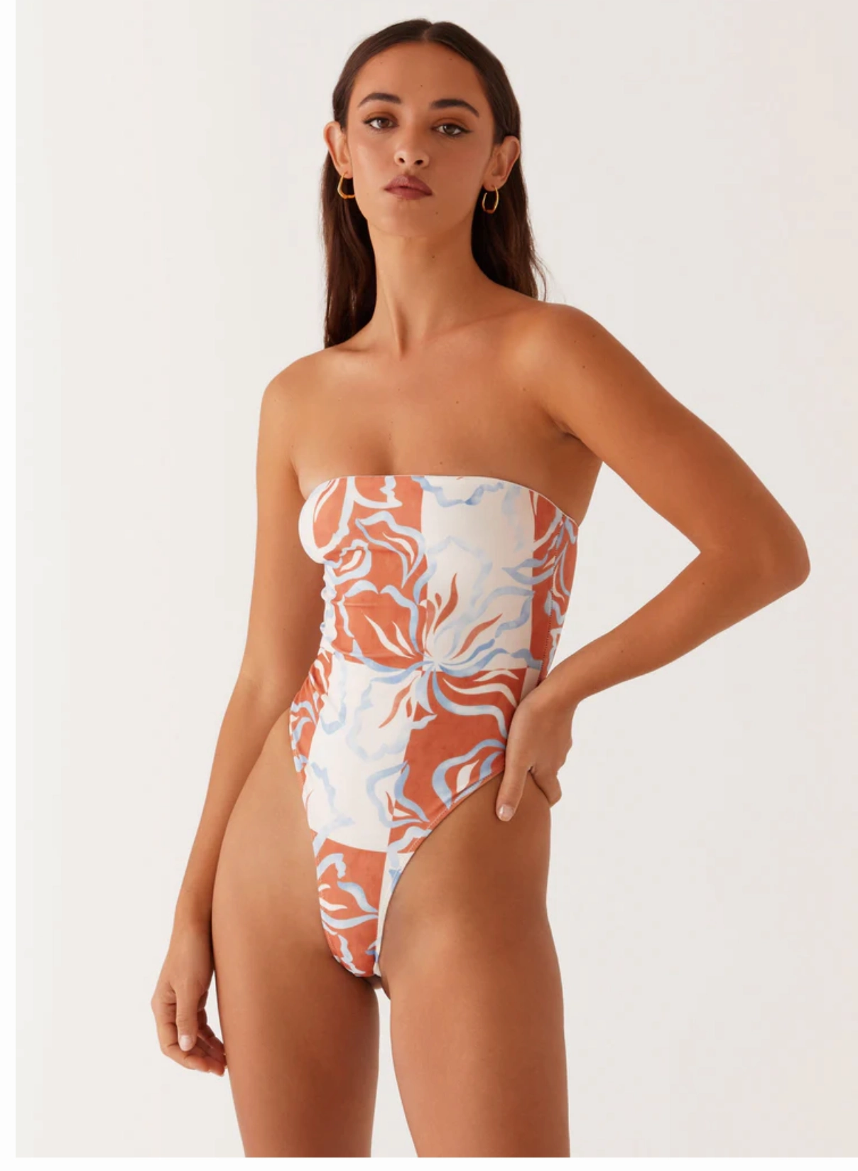 Retro-Glam Poolside Comfort Maxine Strapless One Piece Swimsuit - Orange Blue Floral