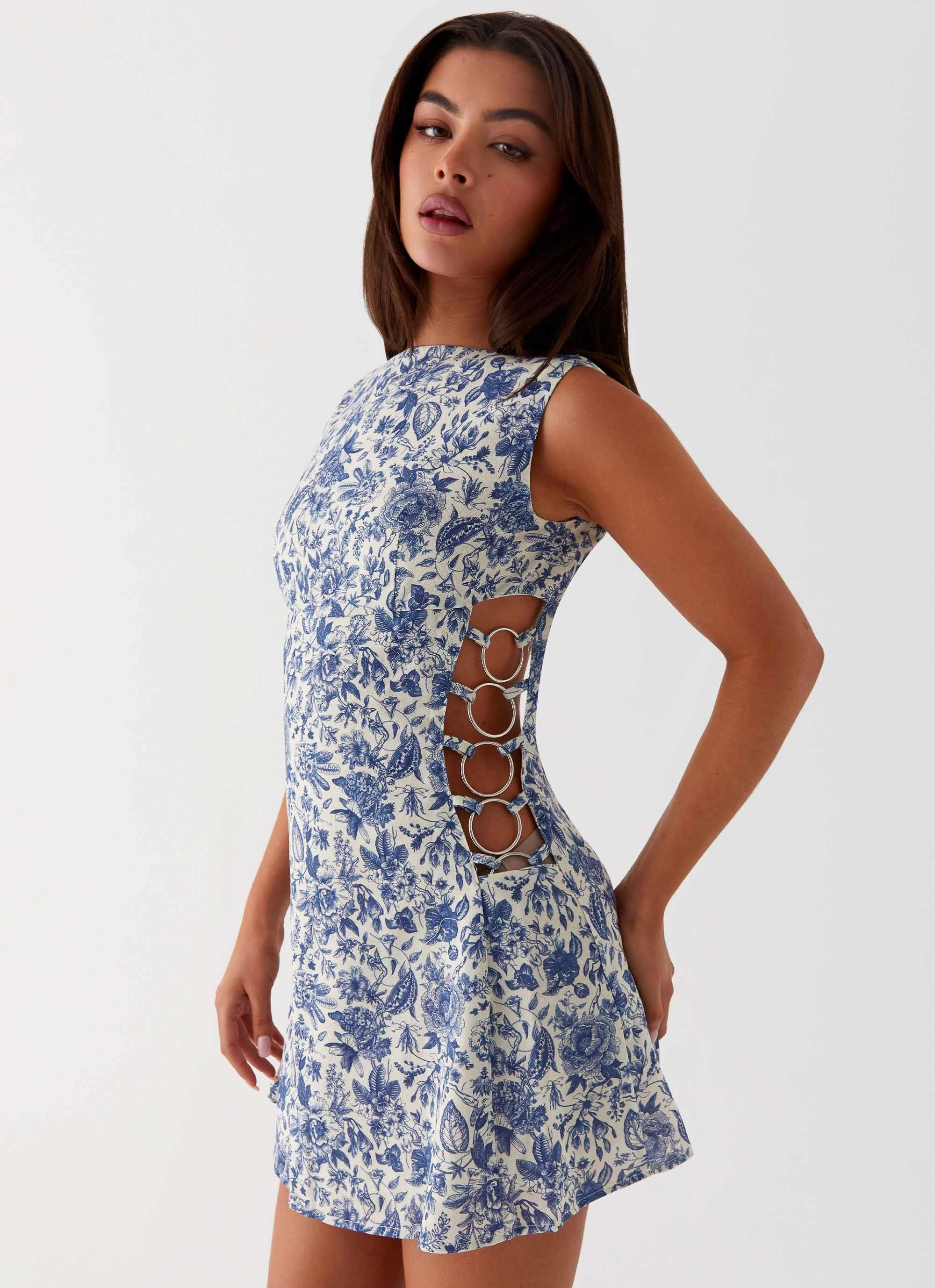 Indigo Bloom Linen Mini Dress - Blue Paisley Moment Glow