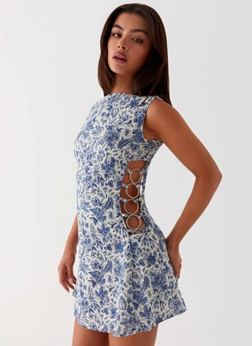 Indigo Bloom Linen Mini Dress - Blue Paisley Moment Glow