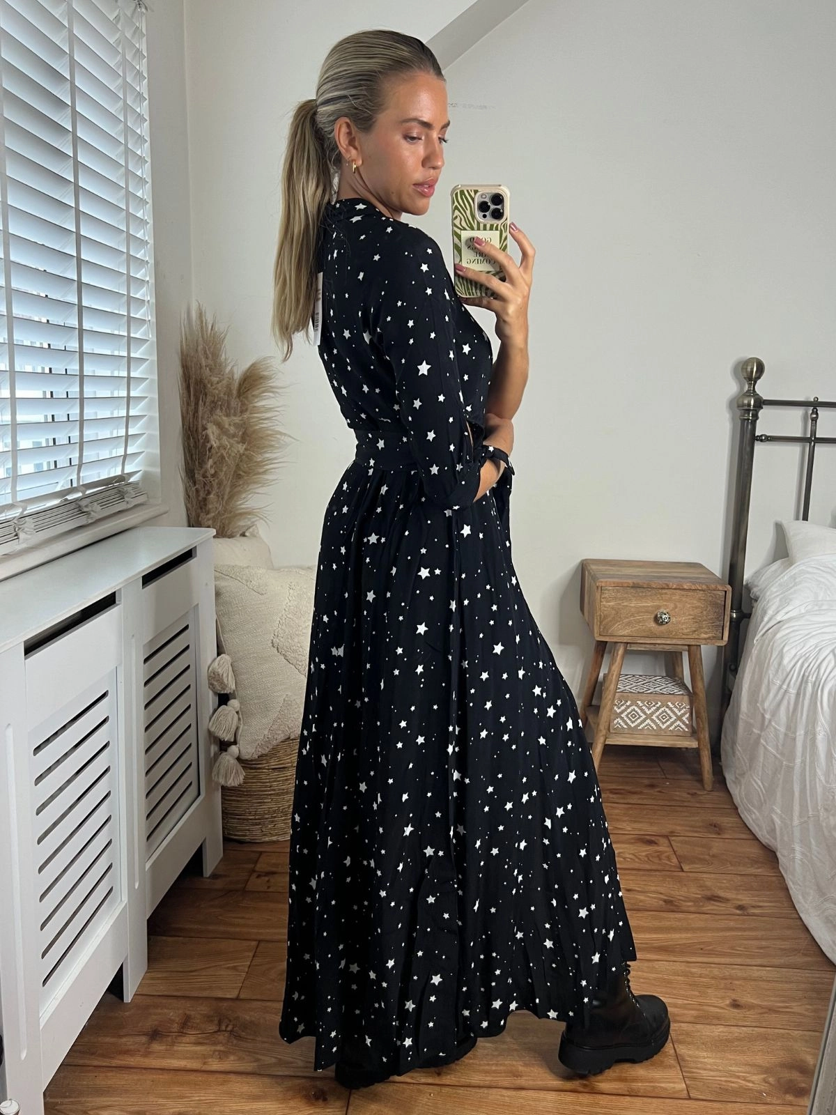 Daphne Belted Shirt Dress / Black and White Star Print Airflow Ventilation Zones Textured Weave Pattern