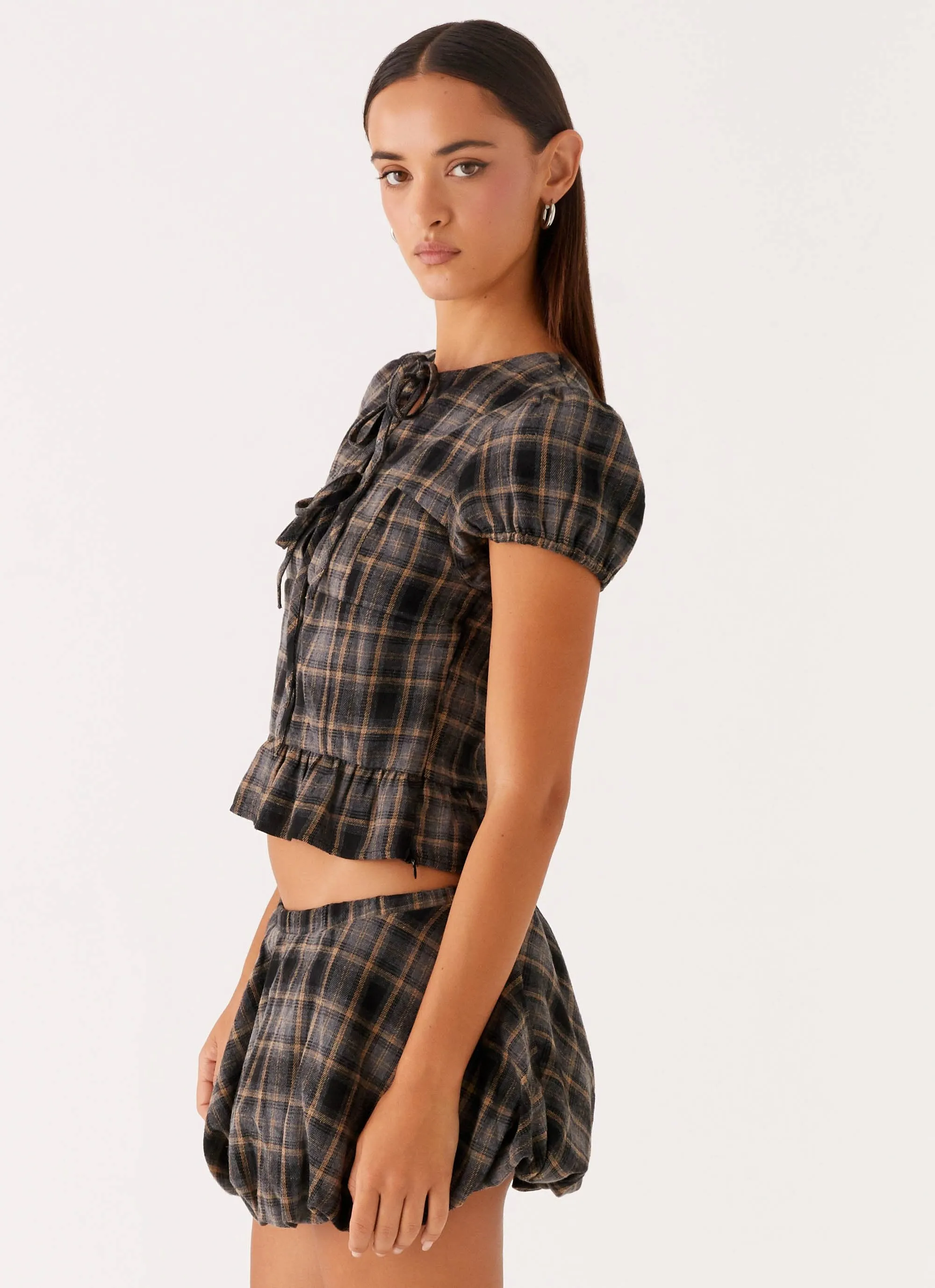 Lucia Puff Sleeve Top - Brown Check EasyCare Fabric