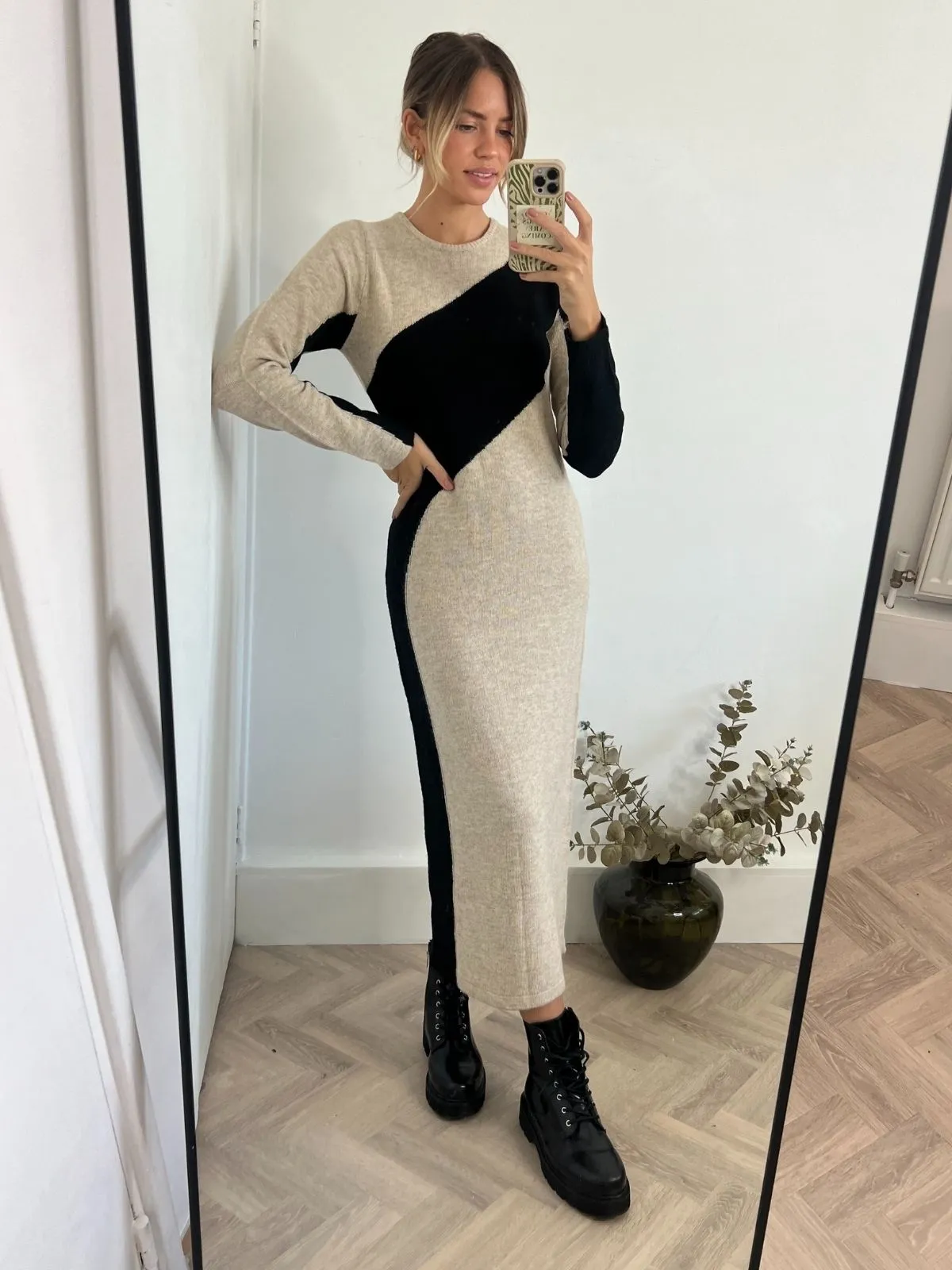 Brynn Knitted Colourblock Midaxi Dress in Stone & Black Trendy Vibe
