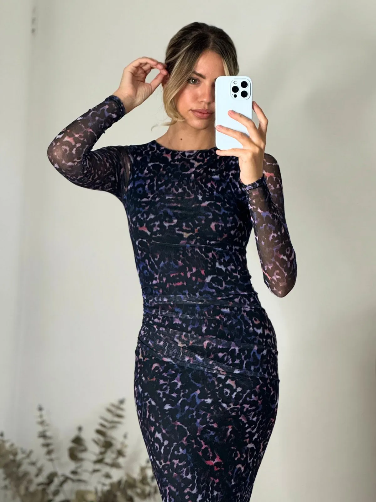 Cool Undertone Maeva Mesh Long Sleeve Maxi Dress / Purple Animal