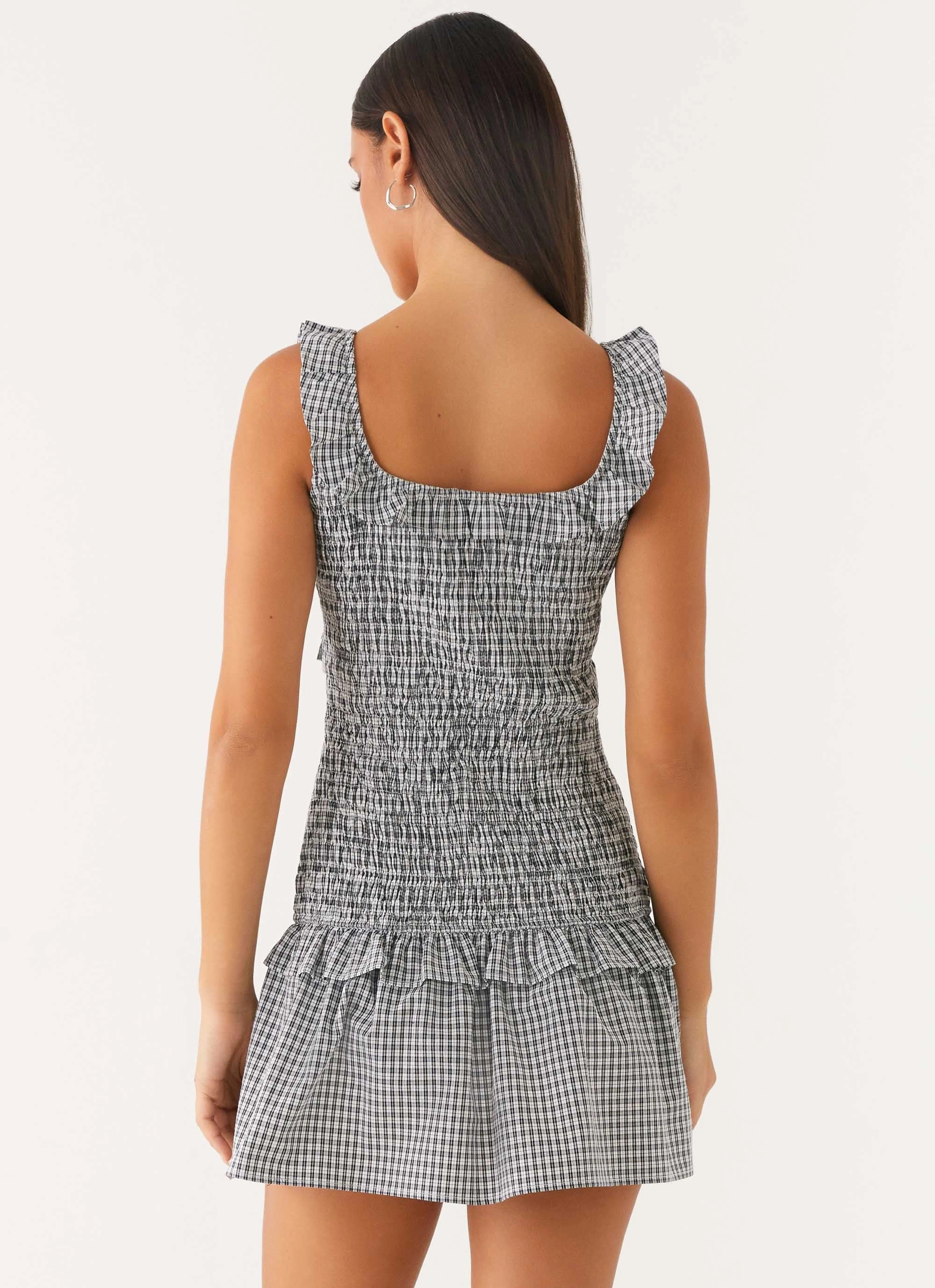 Mali Shirred Mini Dress - Checker Smart Detail