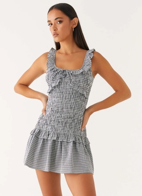 Fitted waist Loose Flow Mali Shirred Mini Dress - Checker