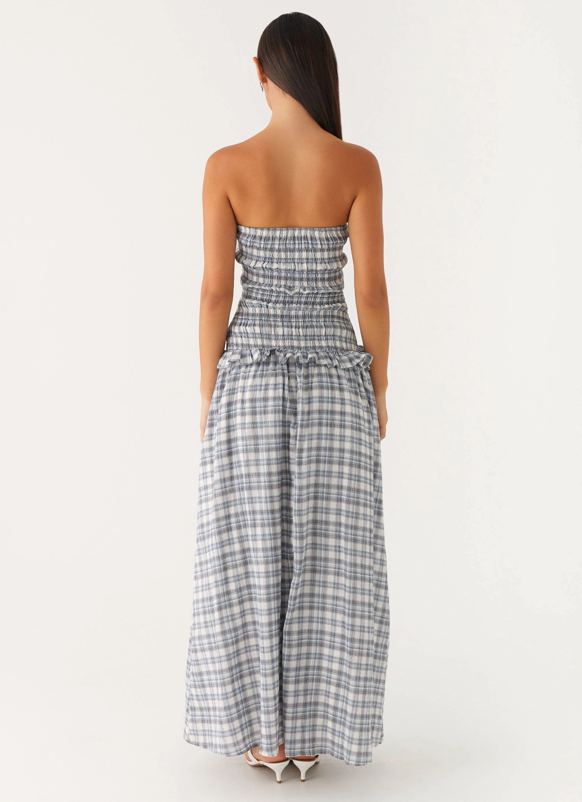 Chill Lines Malia Shirred Maxi Dress - Blue Grey Check